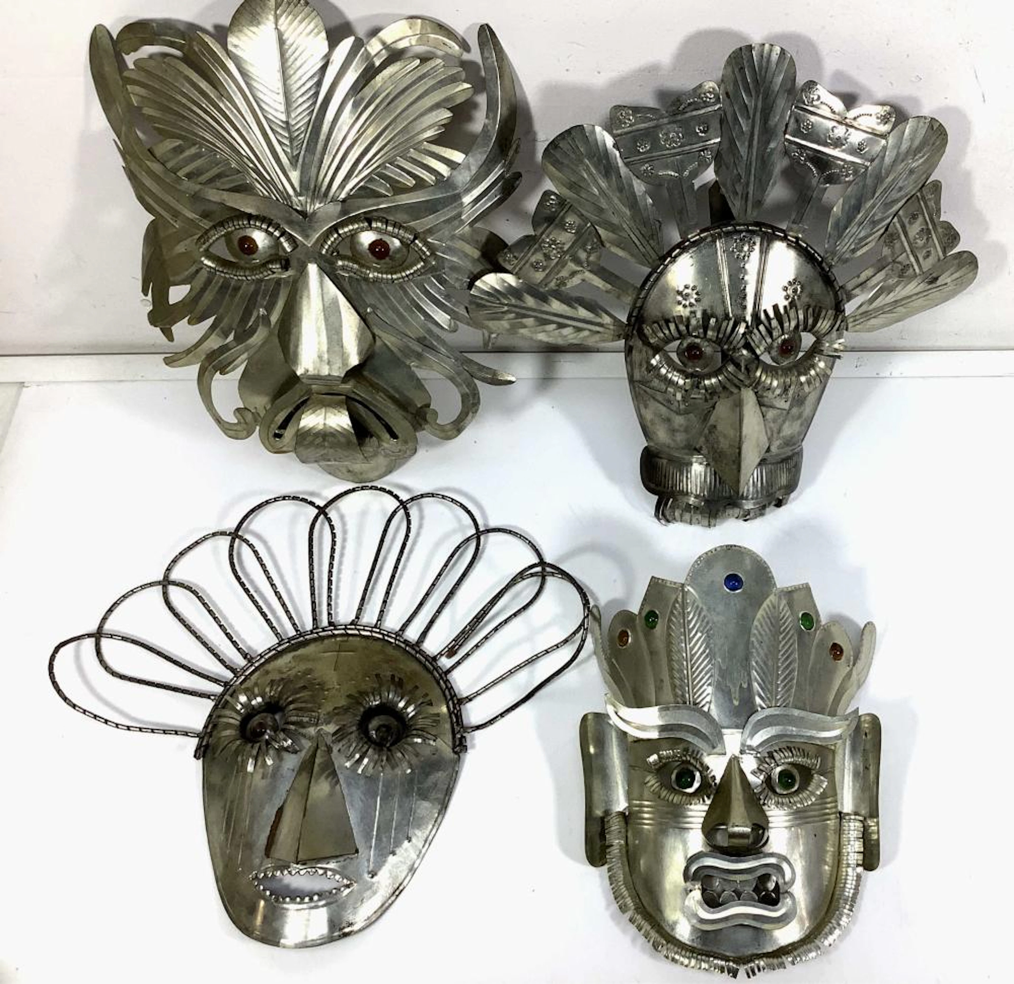 (4pc) Vintage Mexican Tin & Marble Eyed Mask
