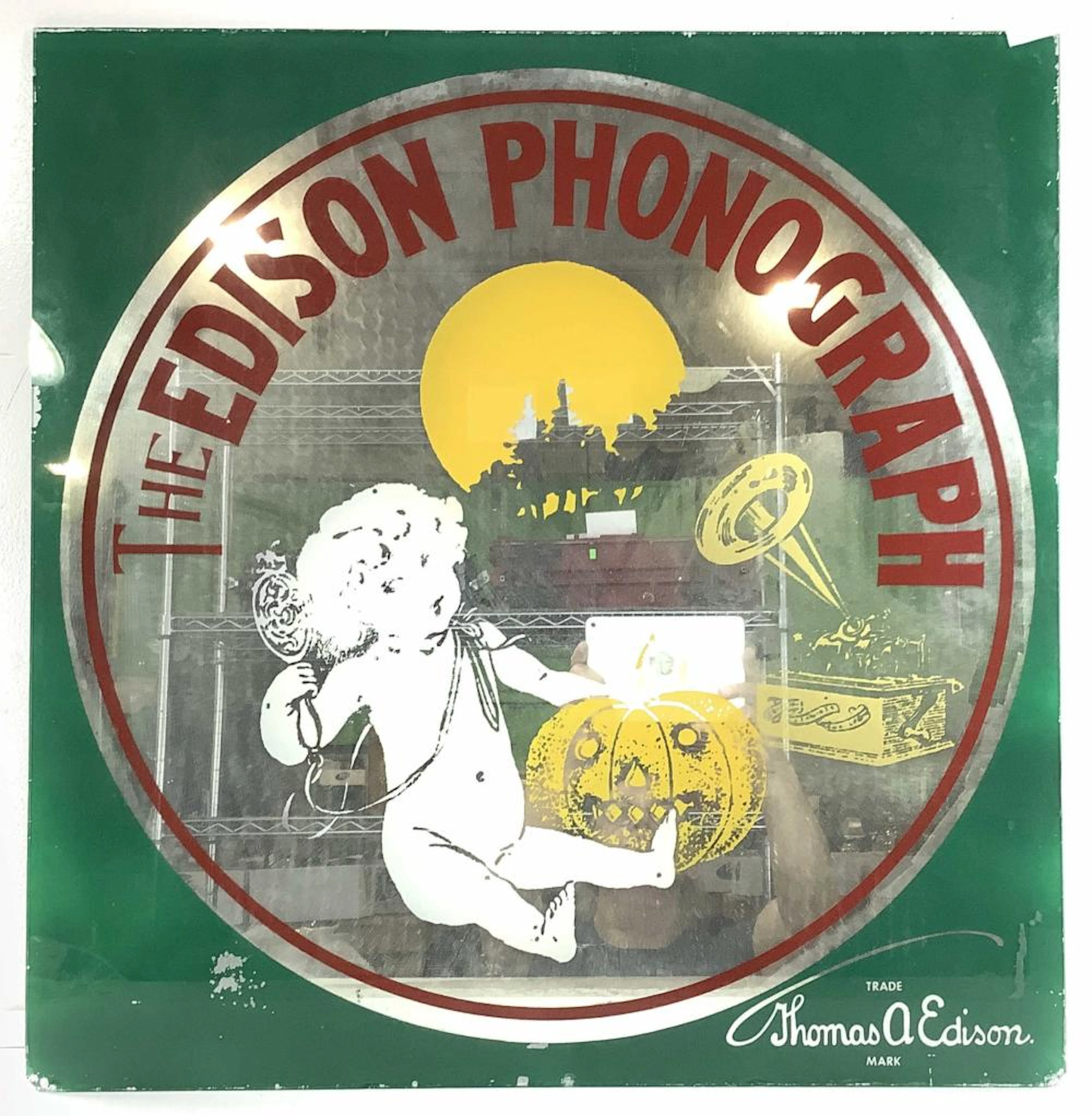 Vintage The Edison Phonograph Mirrored Glass Sig