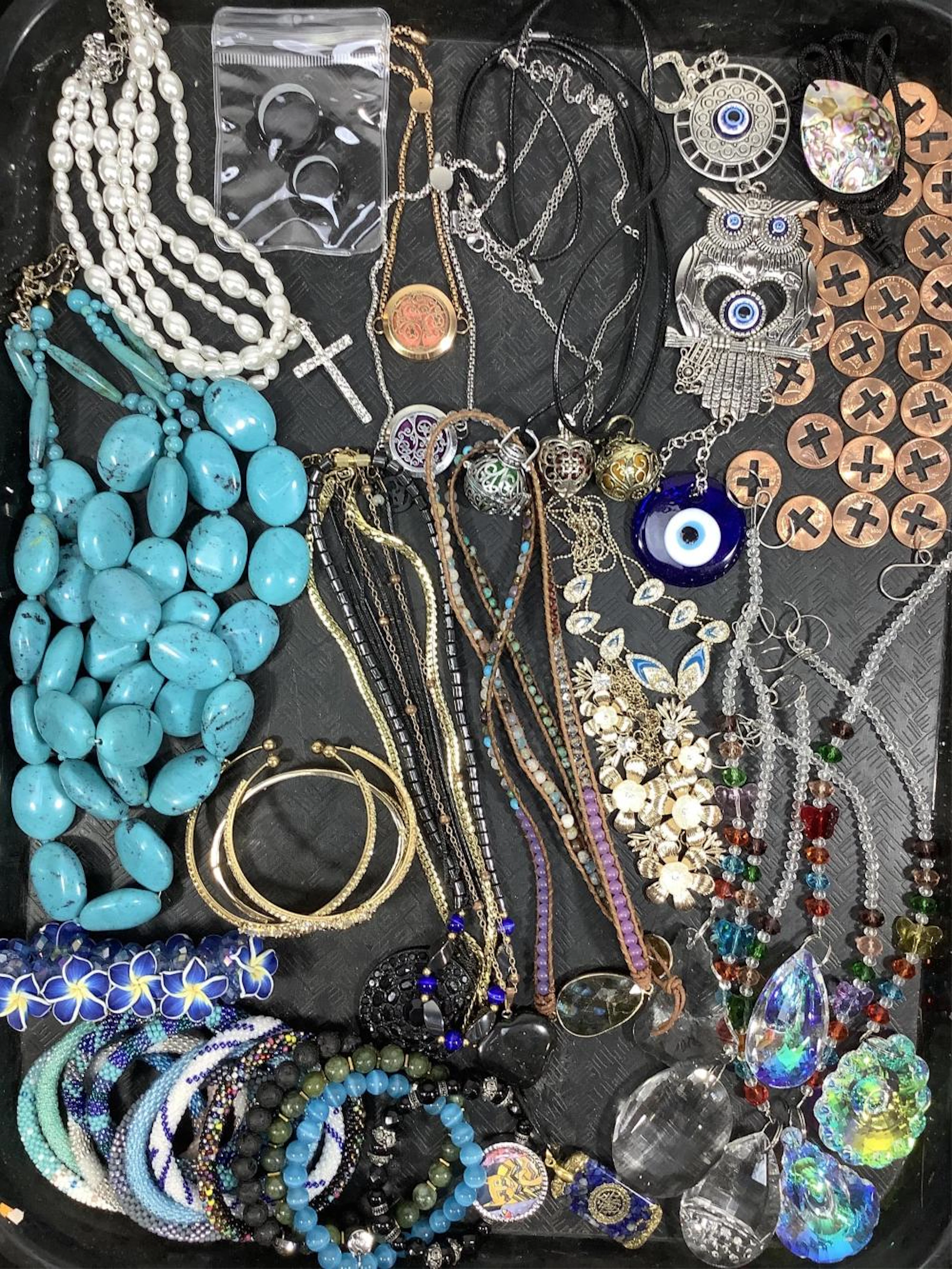 (64) Costume Jewelry, Necklaces, Coins & Rings