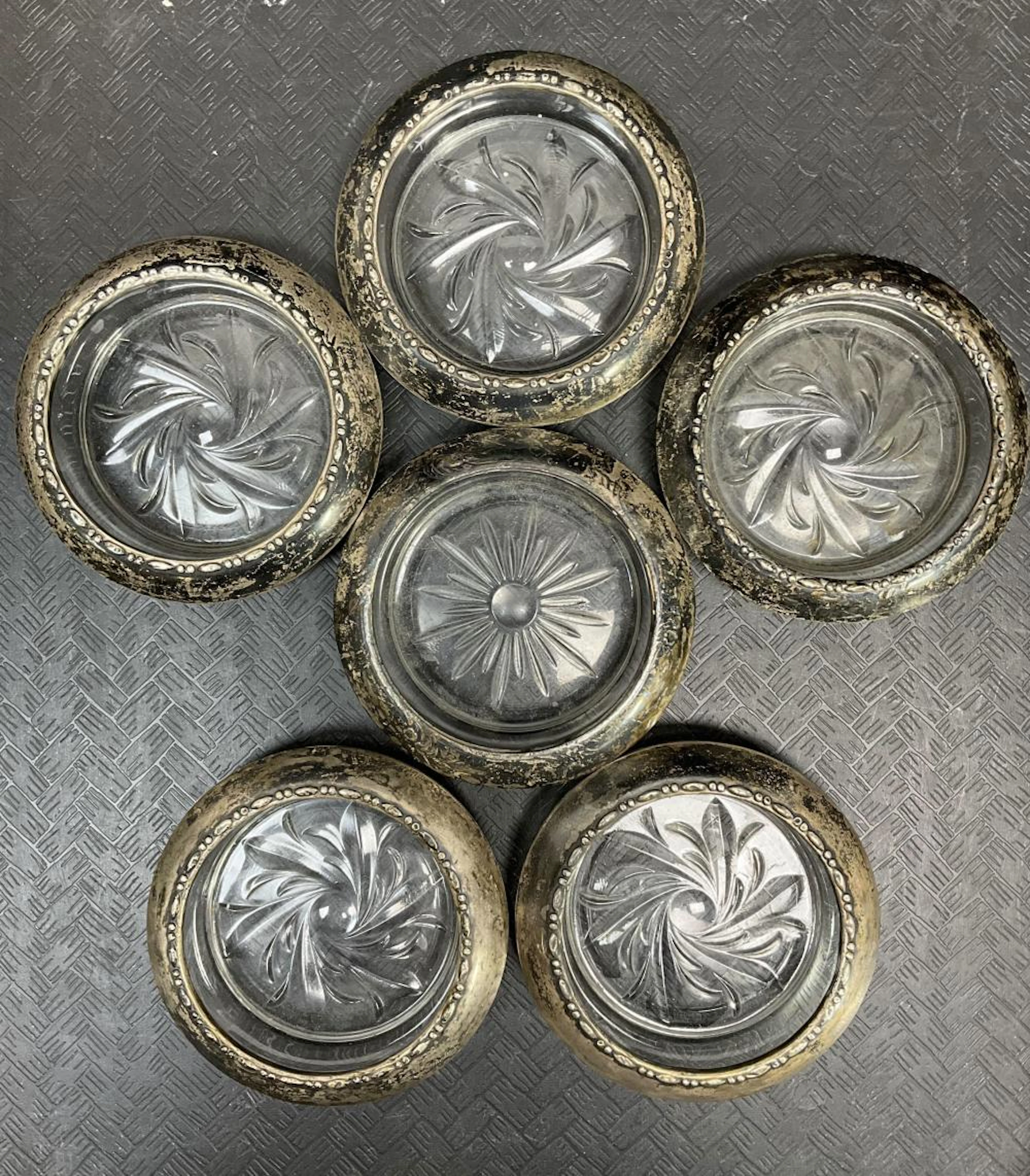 (6) Amston Crystal Coaster Sterling Silver Rims