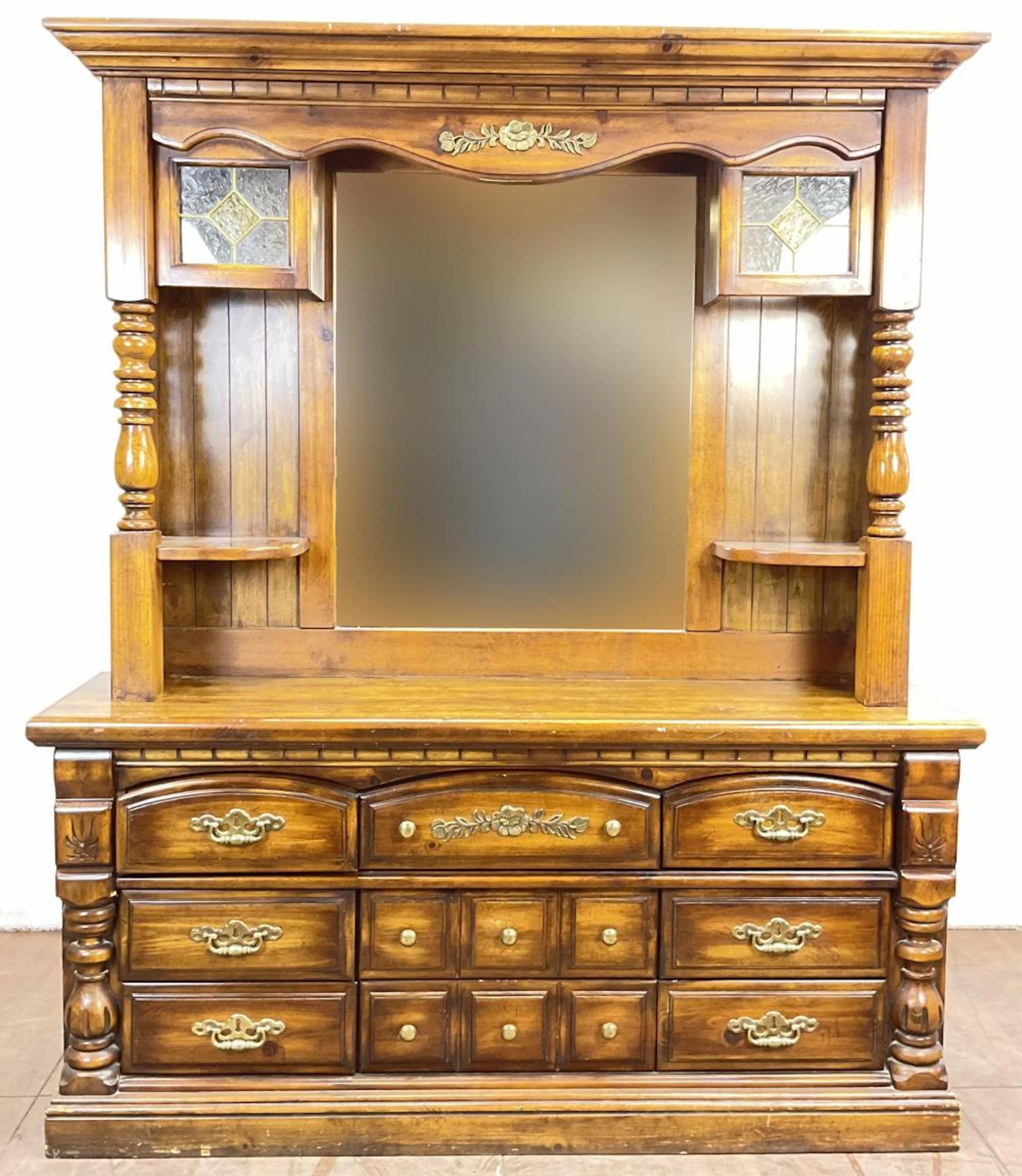 (2pc) Rustic Americana Style Dresser & Mirror Hutc