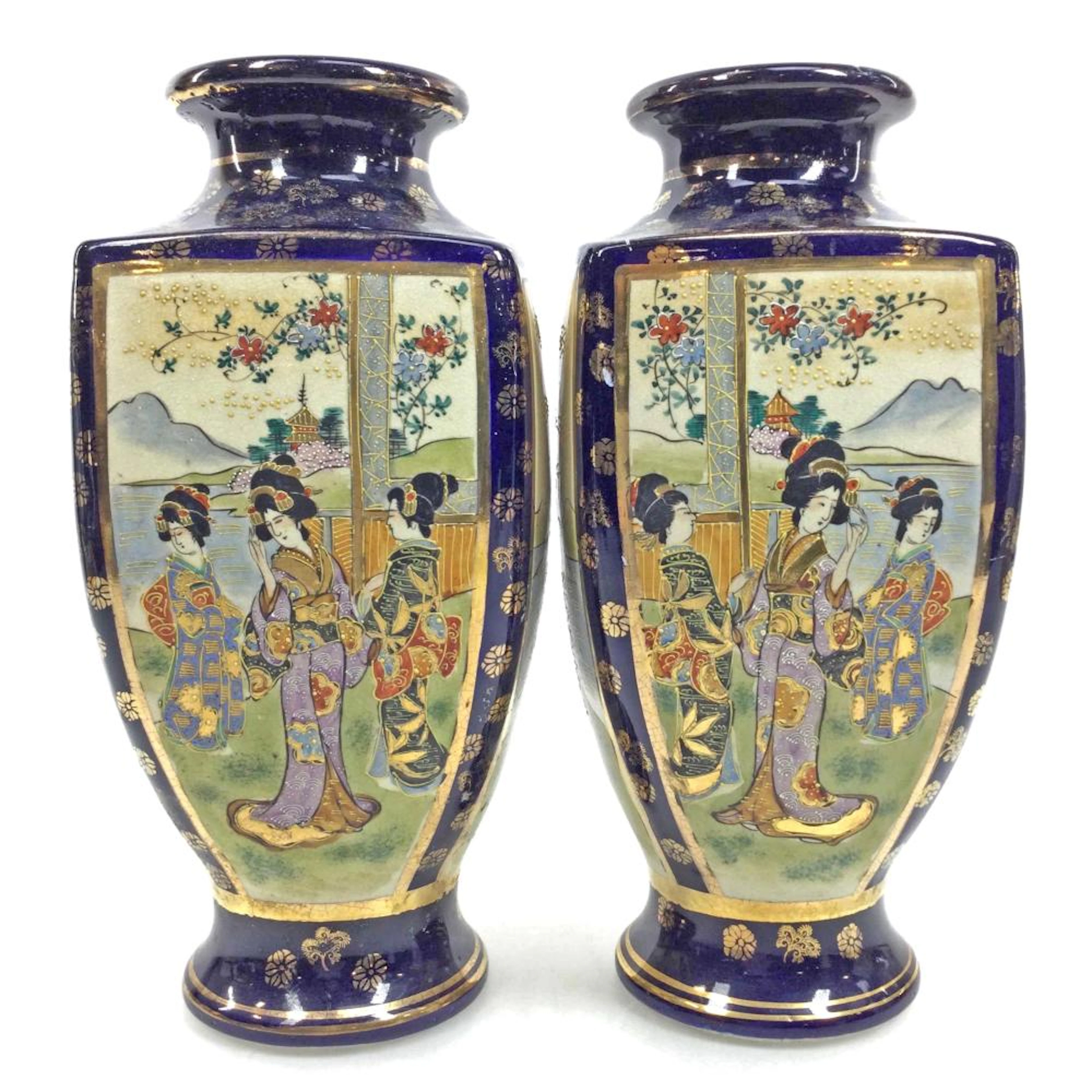 (2) Signed Japanese Hand Painted Satsuma Vases