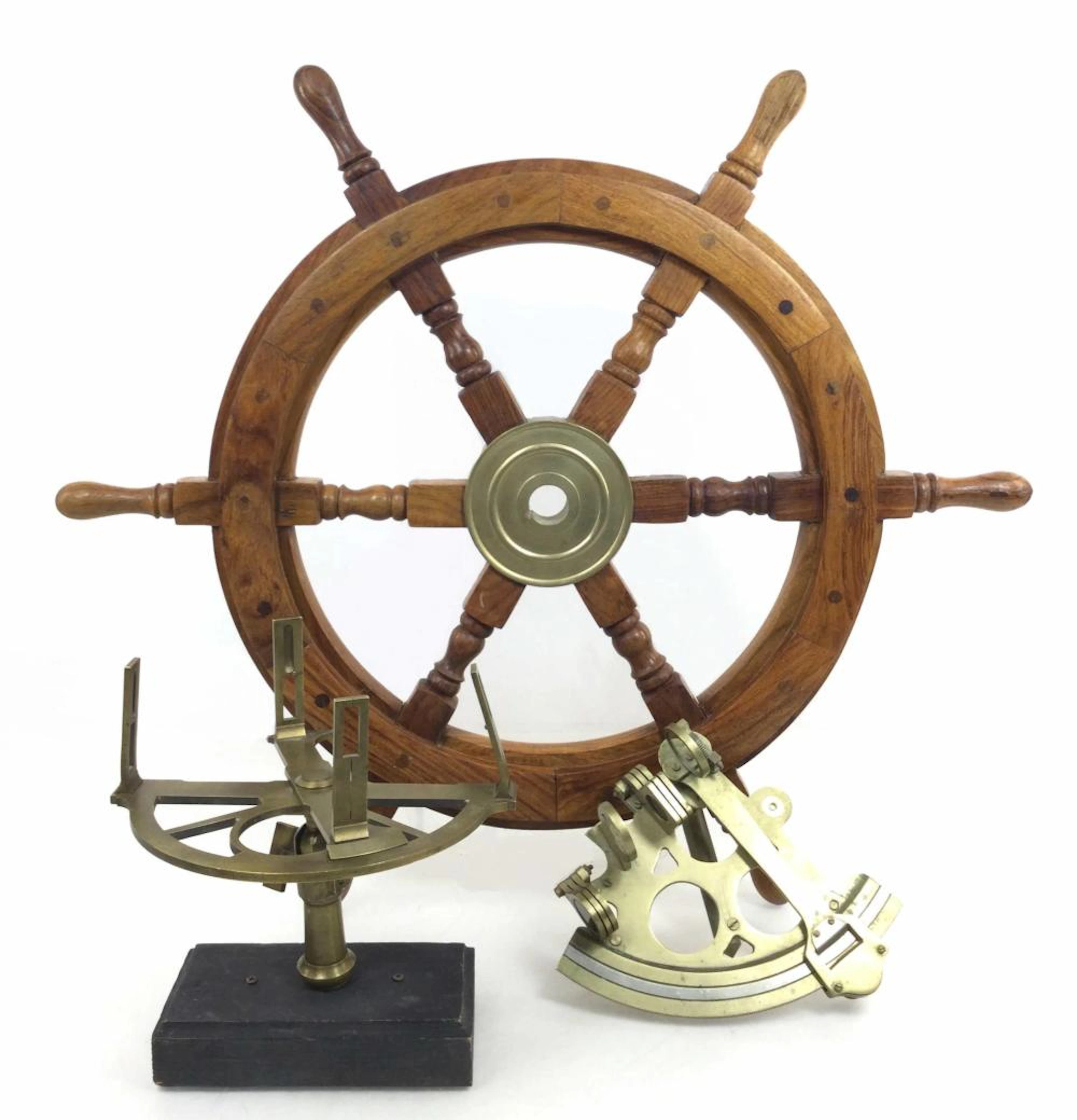Vintage Ships Helm, Brass Sextants