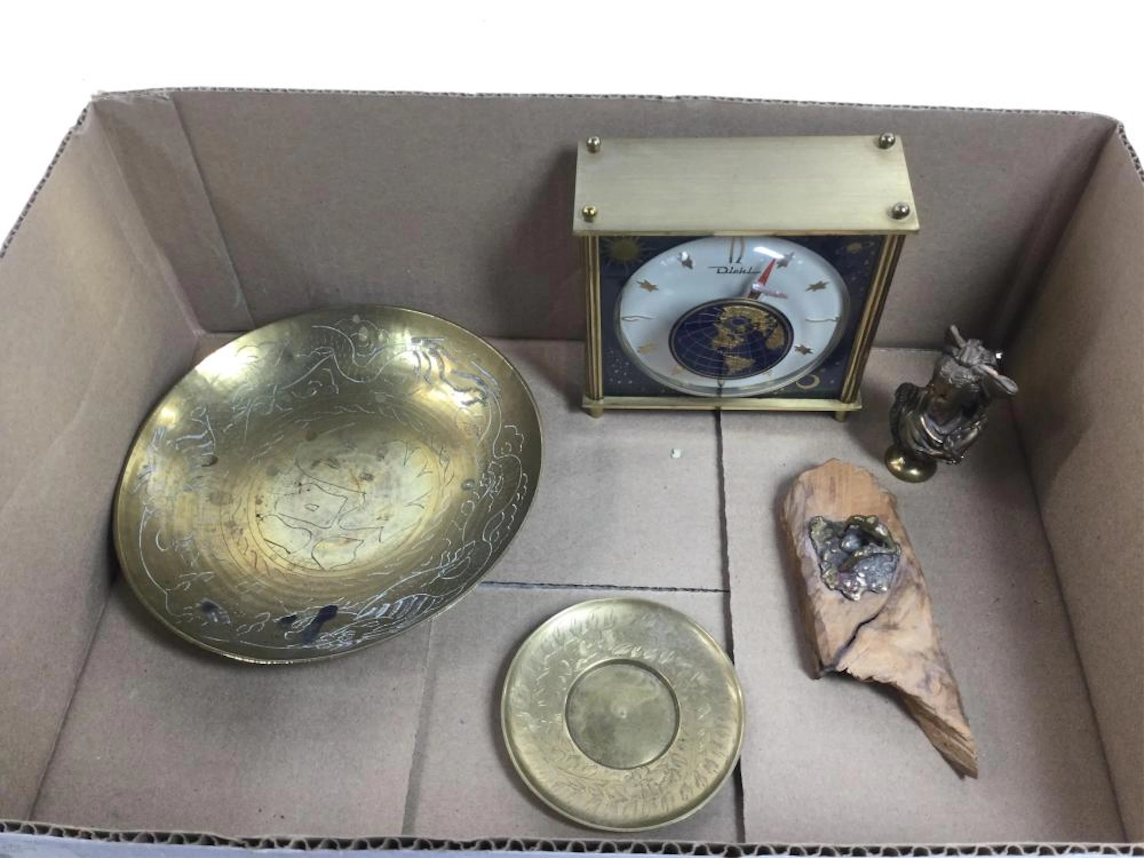 (5pc) Brass Desk Clock, Miniature Figures