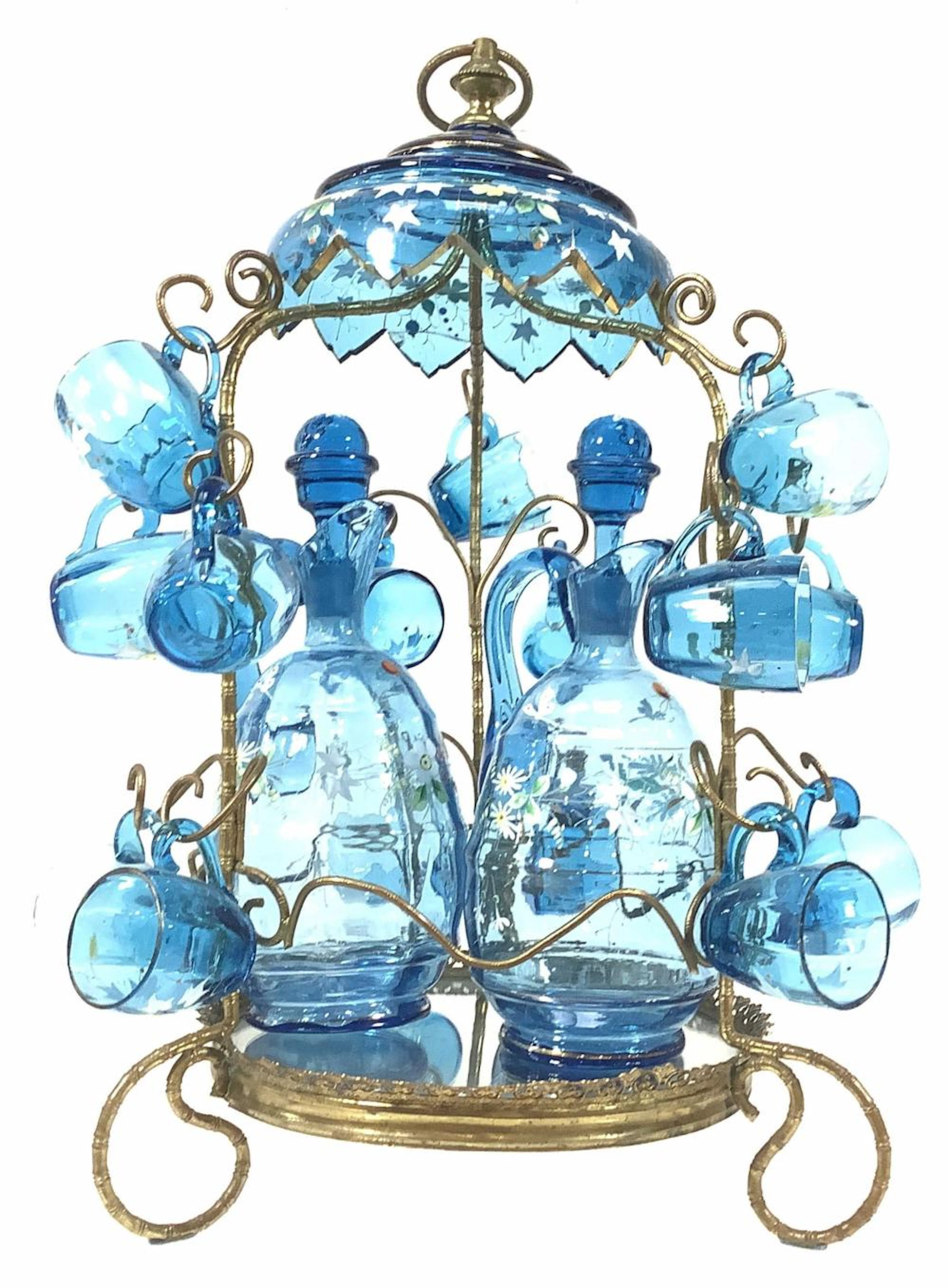 Vintage Blue Glass Carafes & Glasses With Stand