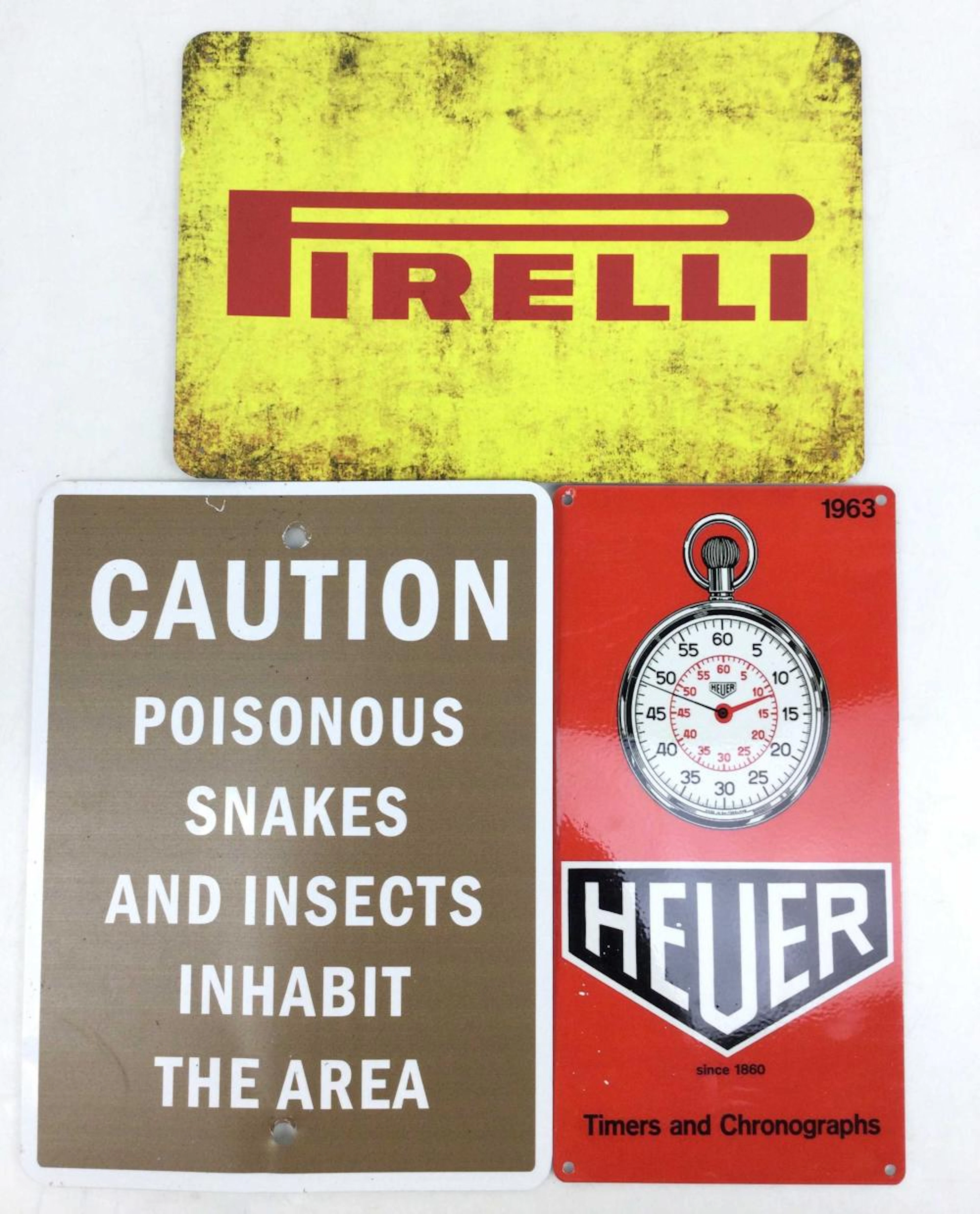(3pc) Vintage Metal Signs, Heuer, Pirelli