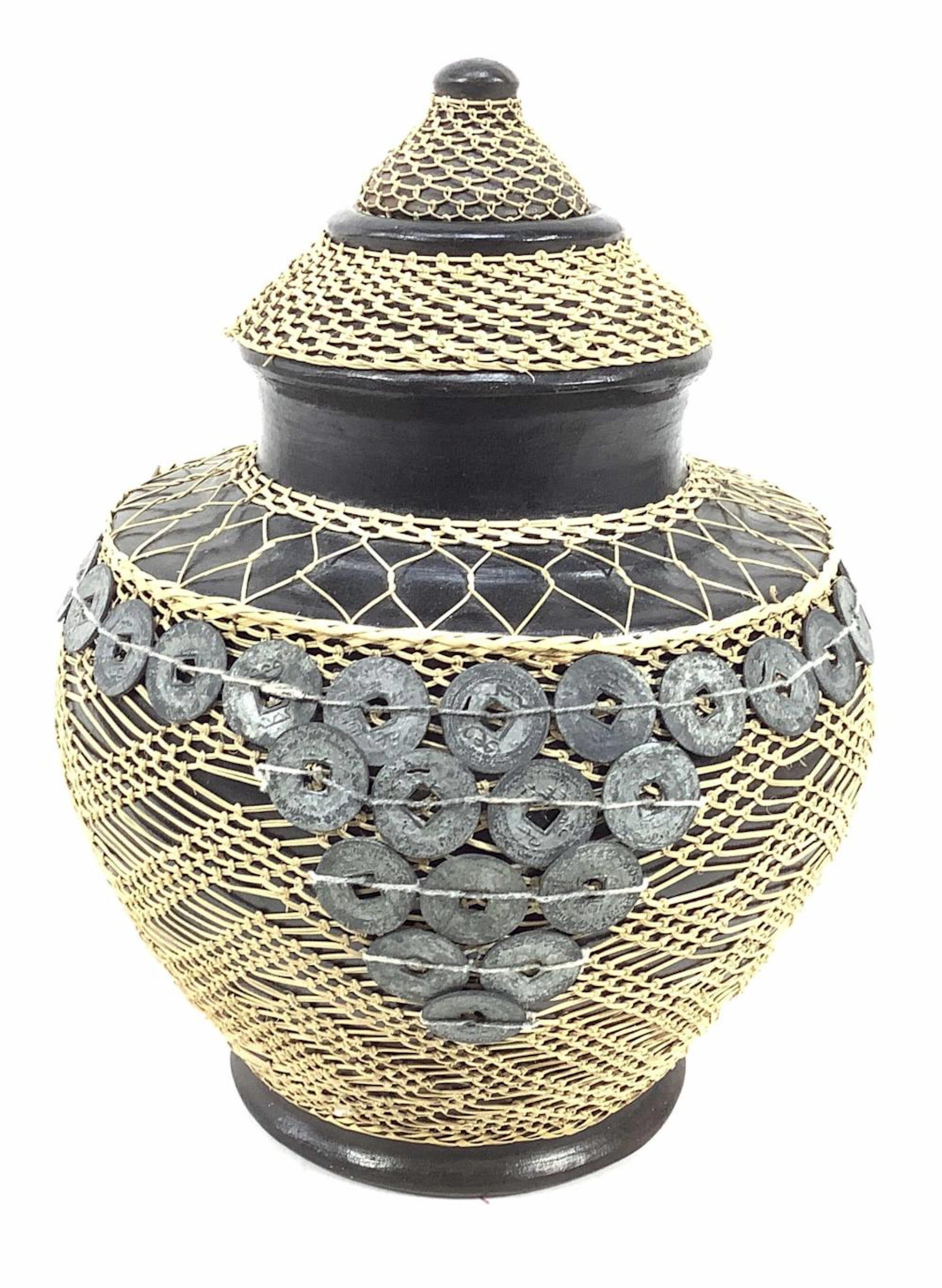Vintage Indonesian Lidded Pot w/ Chinese Coins