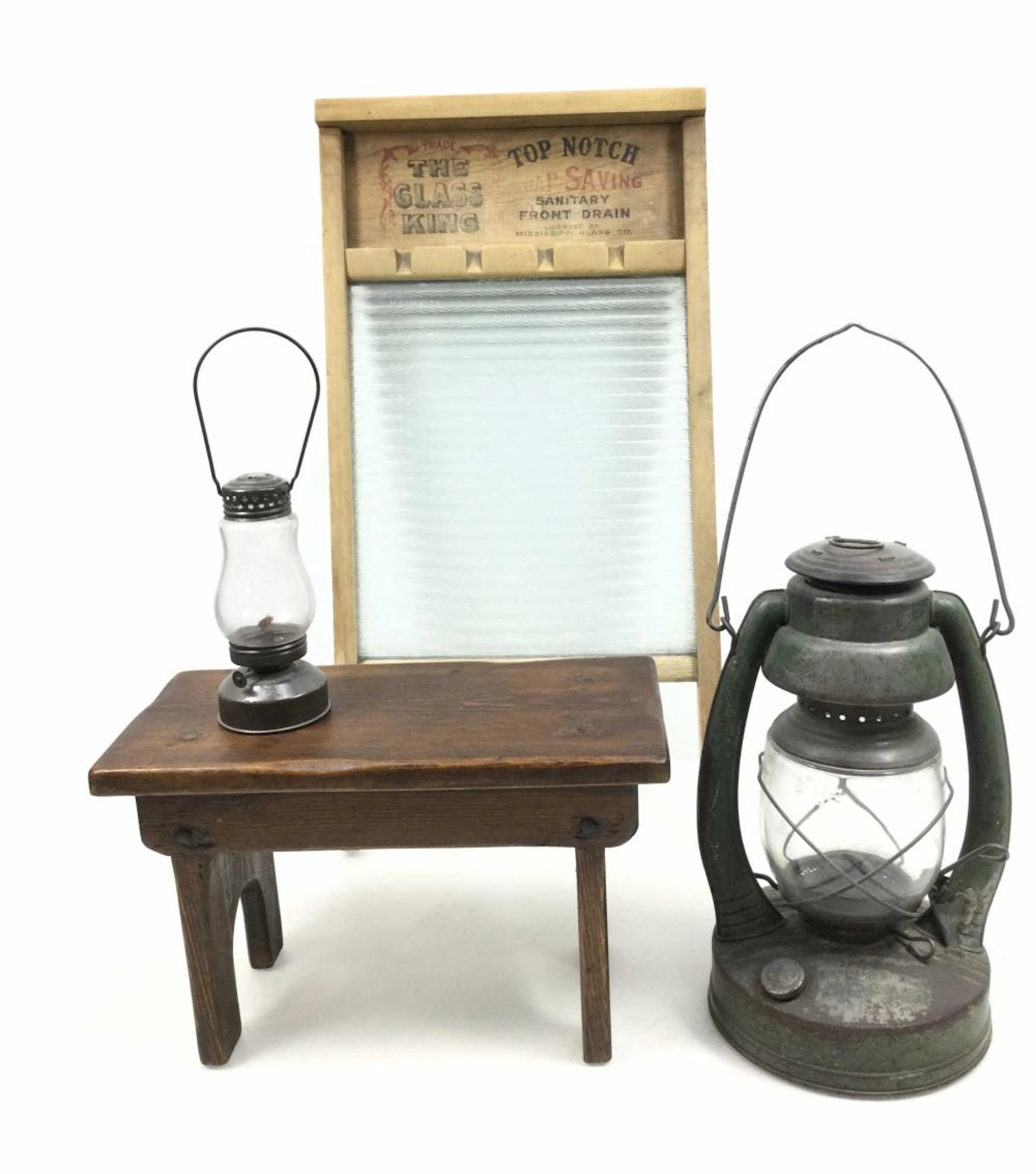 Vintage Glass King Wash Board, Oil Lanterns