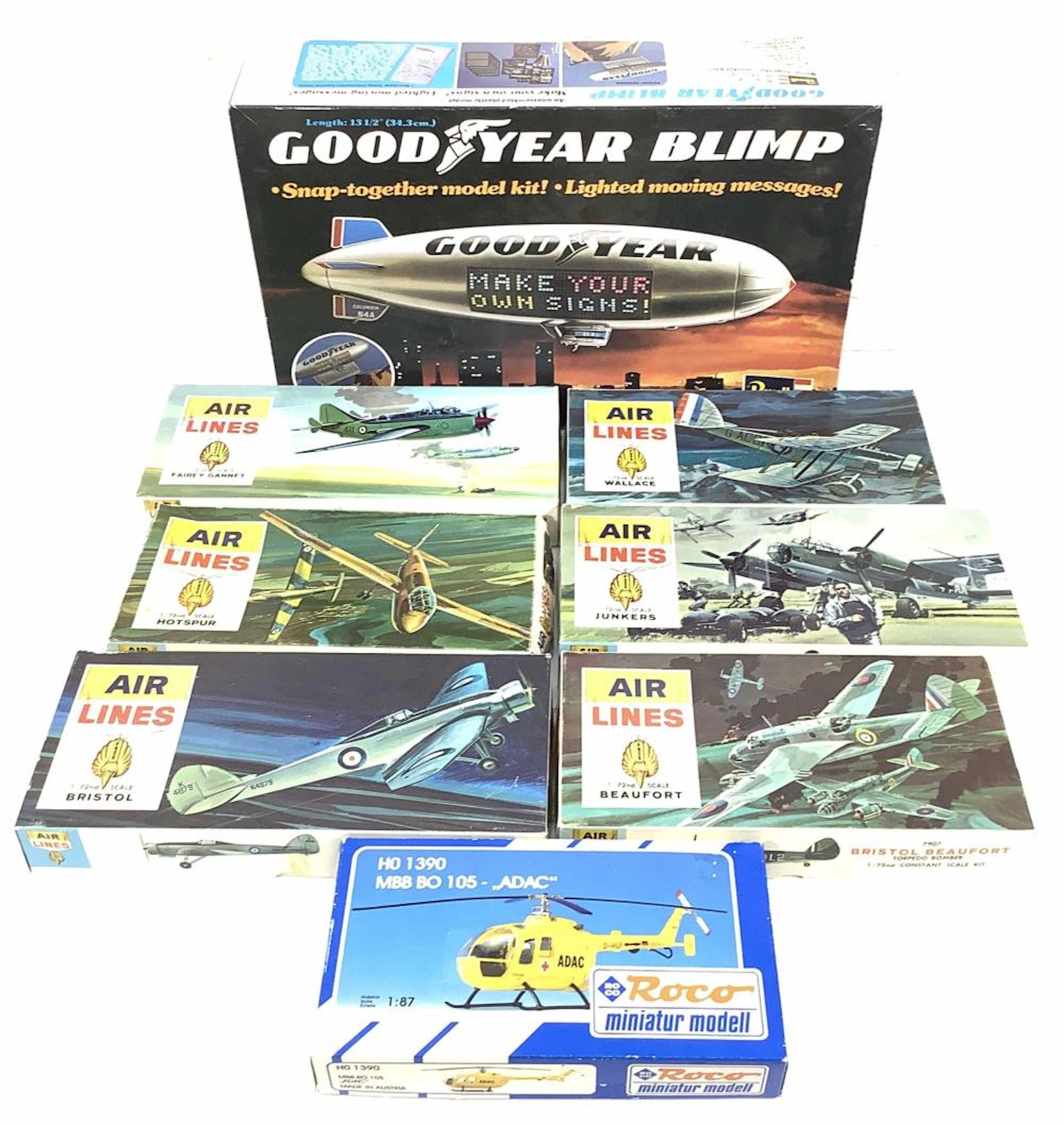 (8) Vintage Model Kits, Air Lines, Goodyear Blimp