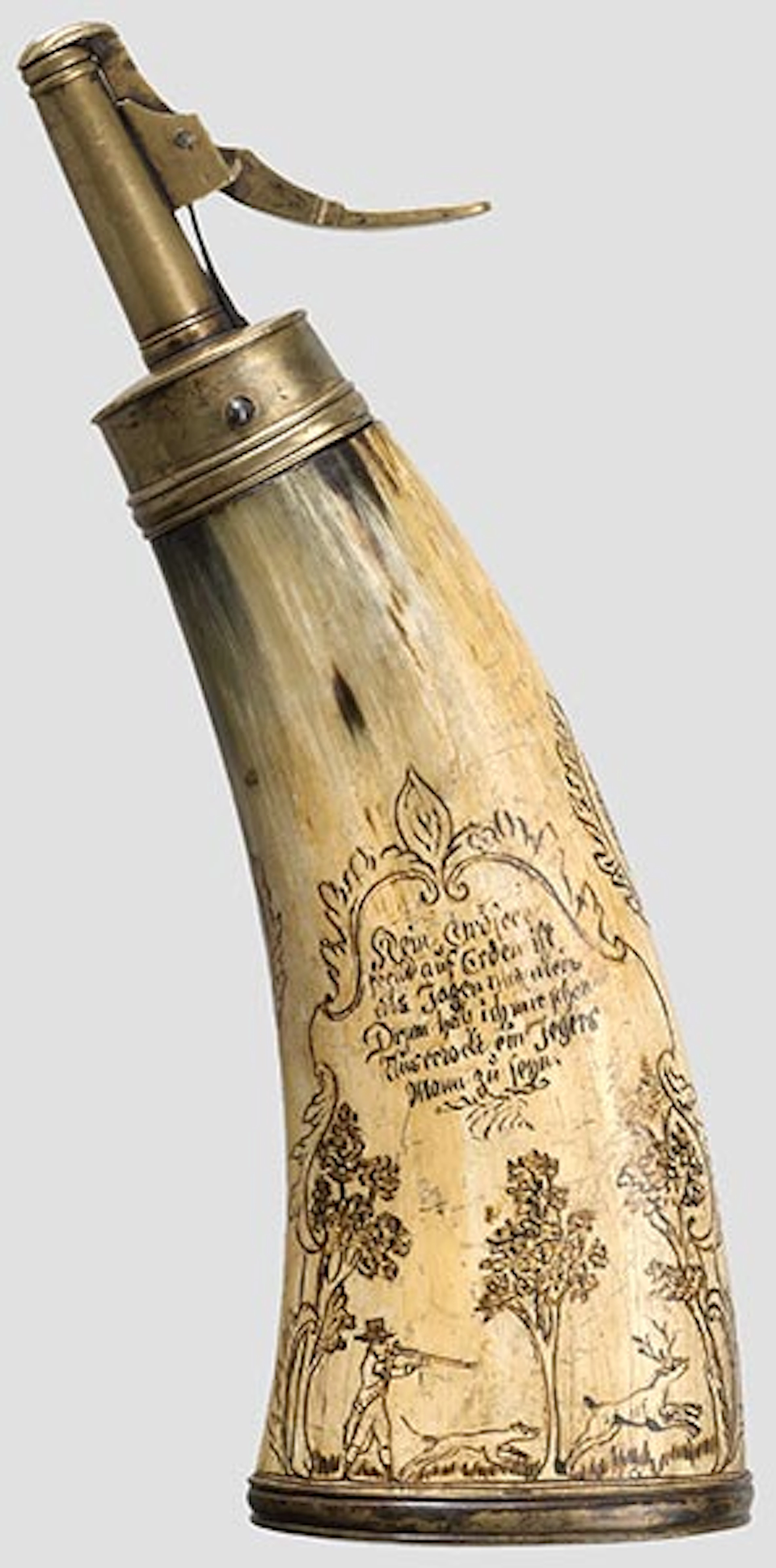 Pulverhorn mit jagdlicher Gravur
