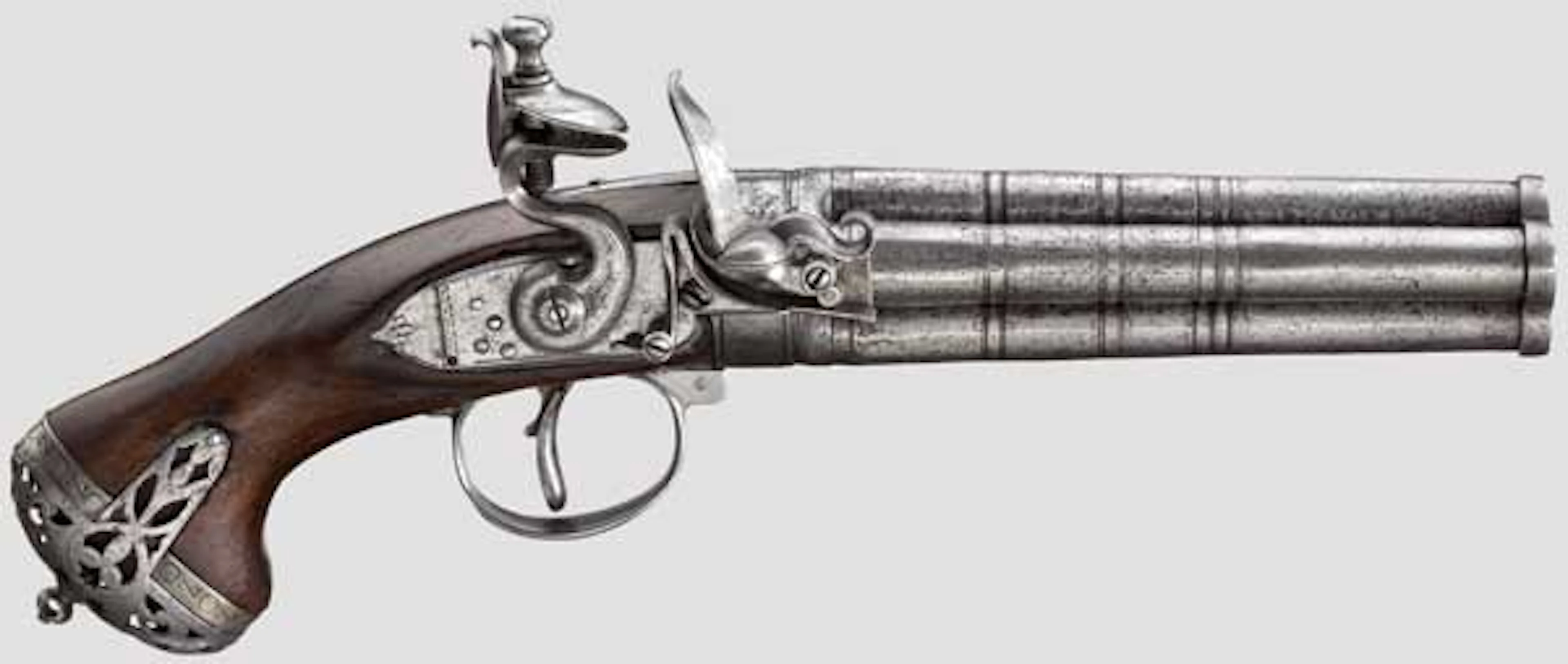 A turn-over flintlock pistol with four barrels