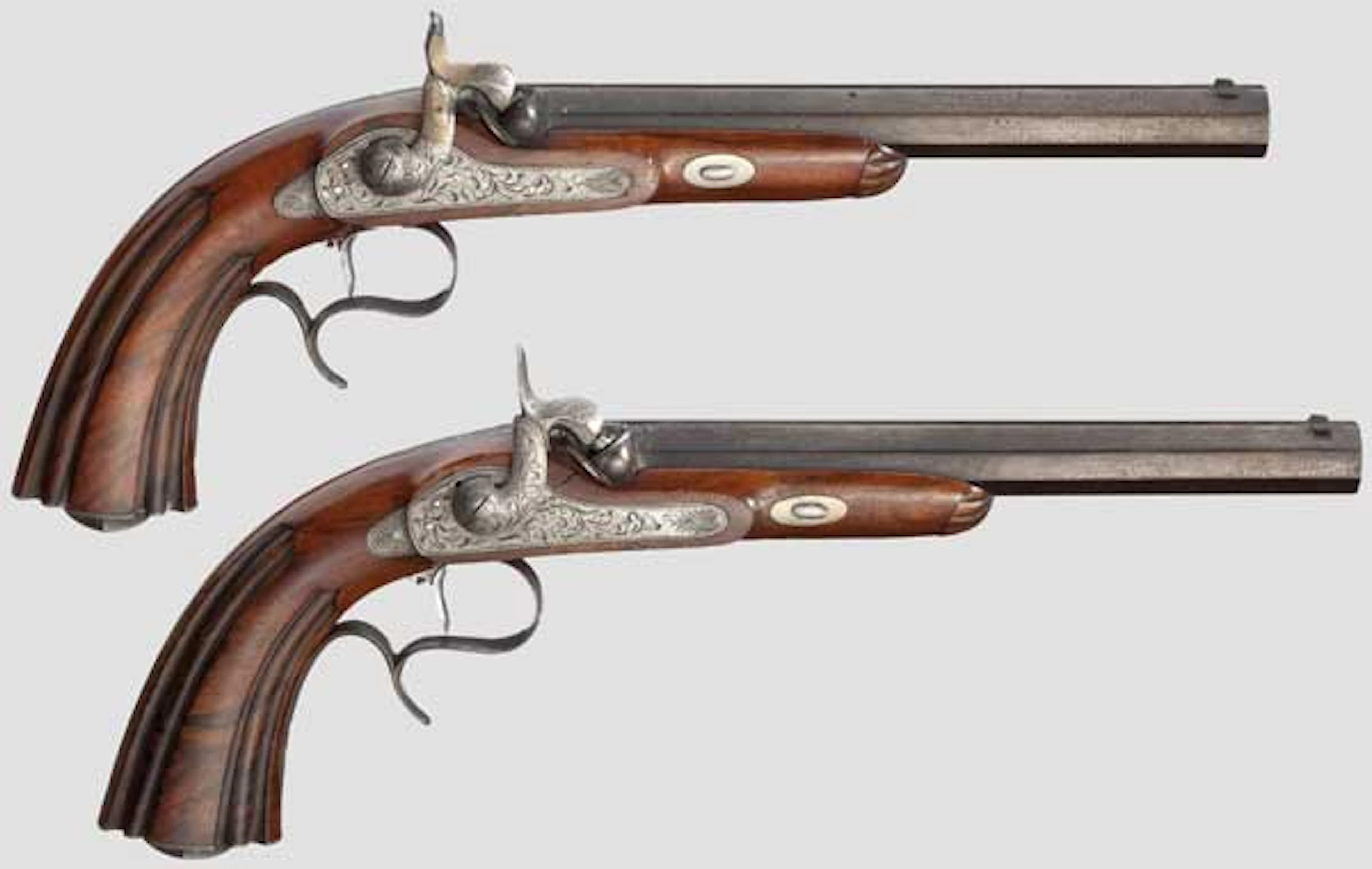 A cased pair of Belgian percussion pistols
