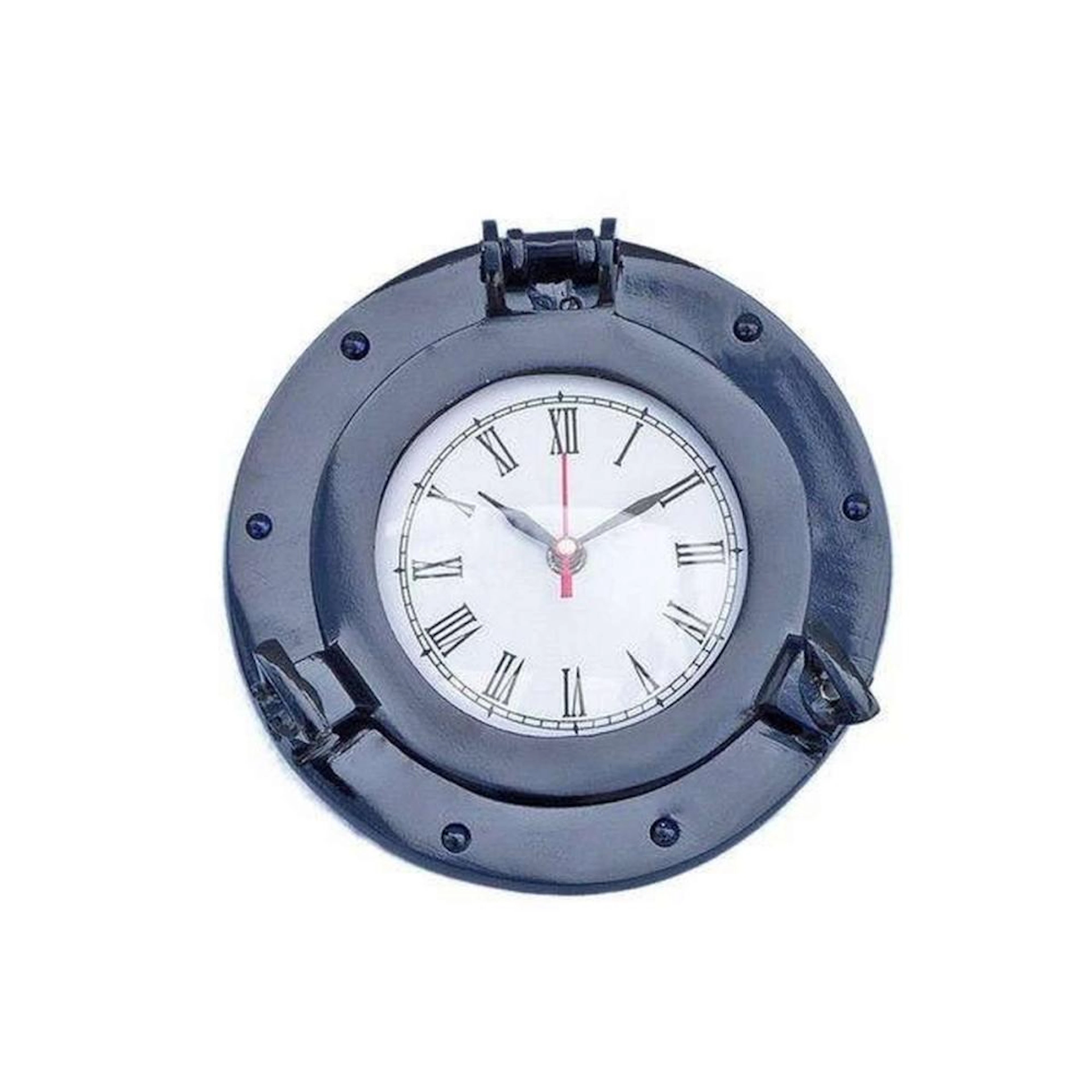 Brass Deluxe Class Porthole Clock 8in. - Dark Blue