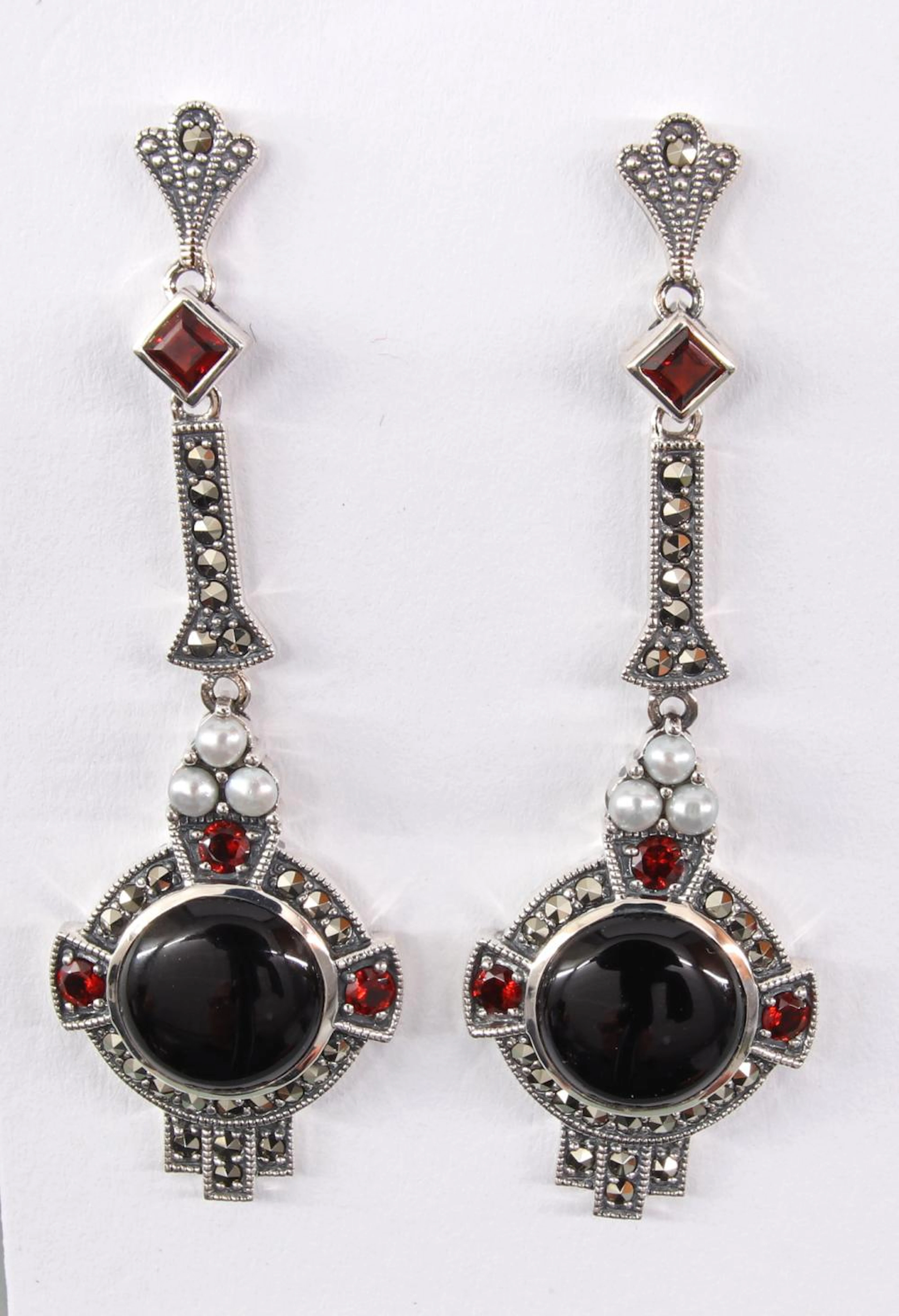 Granat-Onyx-Perlchen-Ohrringe mit Markasiten Art deco