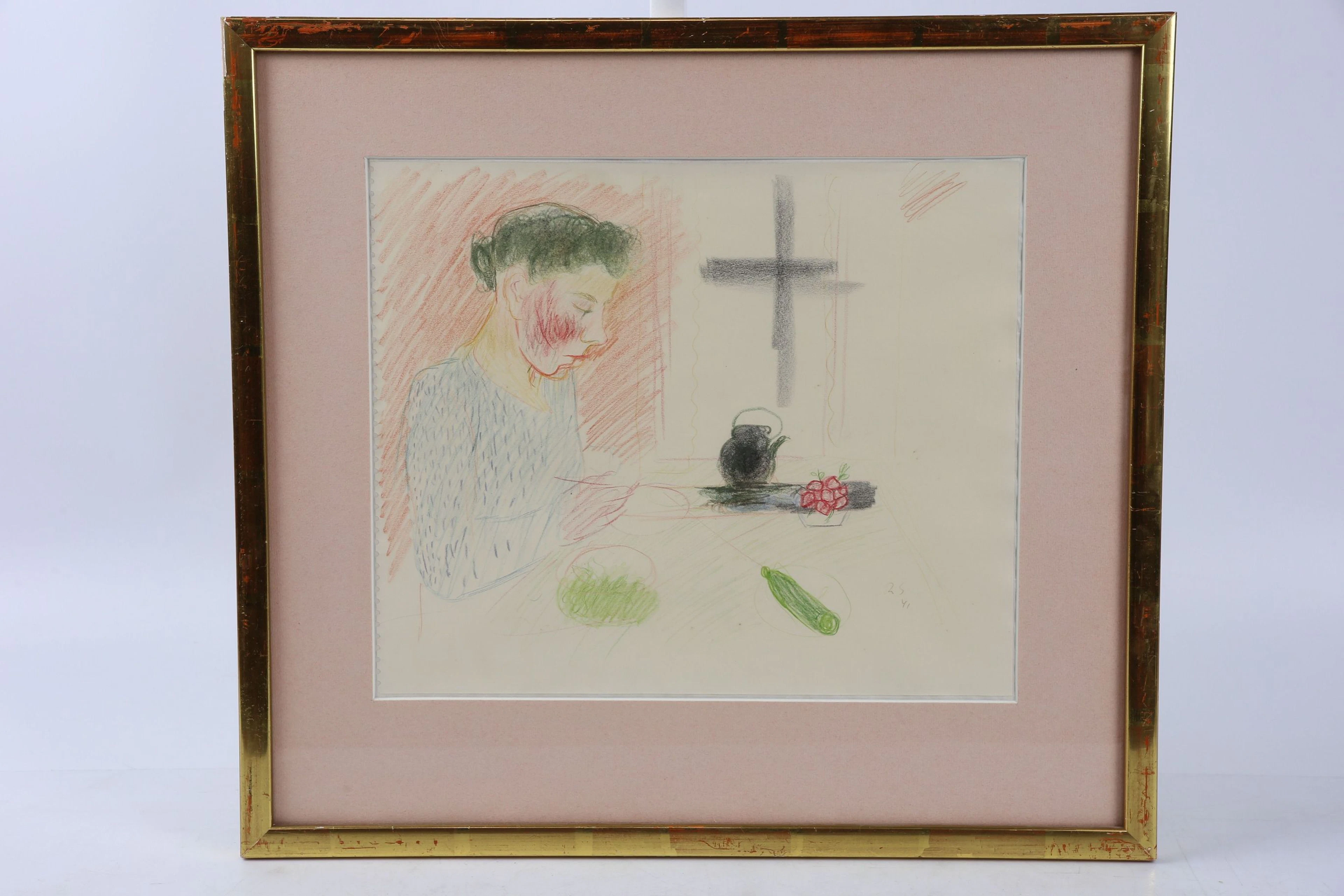 RAGNAR SANDBERG (1902-1972), färgkrita på papper, "Möte vid frukostbordet"