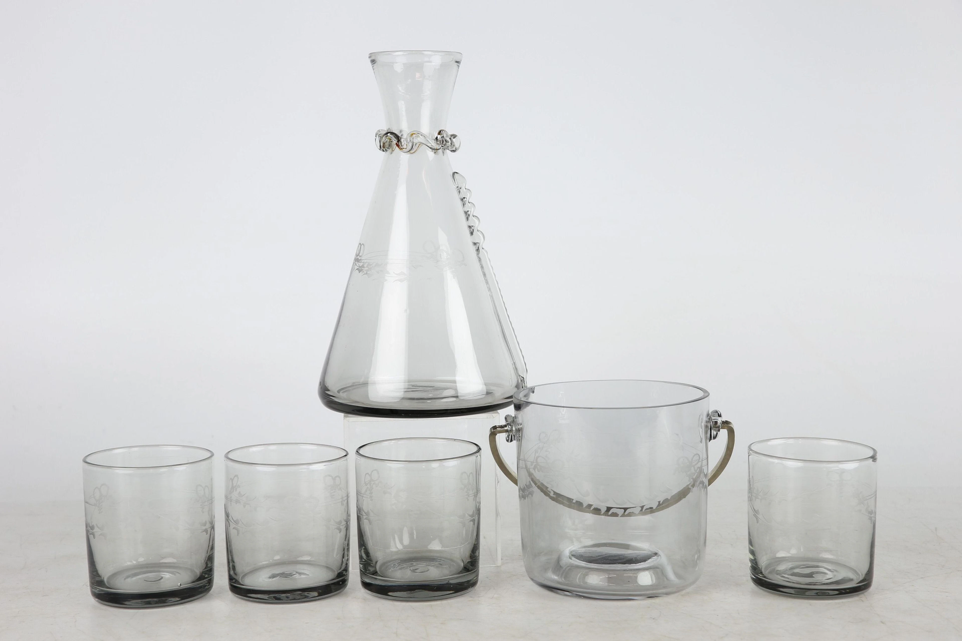 WHISKYGLAS, 4 st, karaff, samt ishink, "Antik", Reijmyre