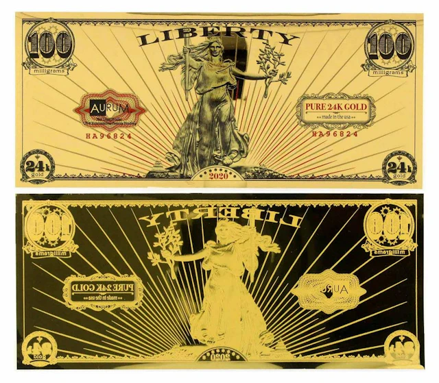 2020 1/10 Gram Aurum Liberty Excellent 24K Gold Note -