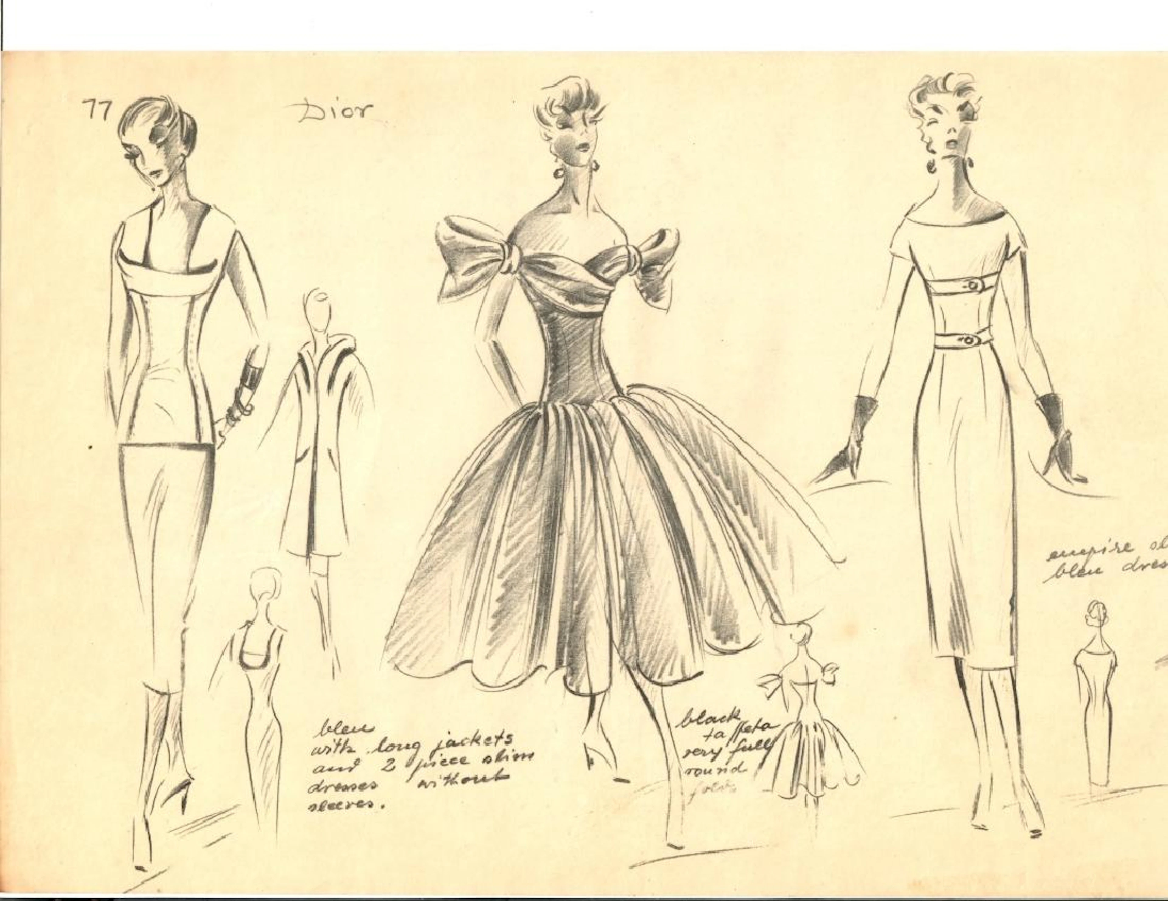 VINTAGE FASHION DRAWING, PENCIL ON TRACING PAPER, DIOR