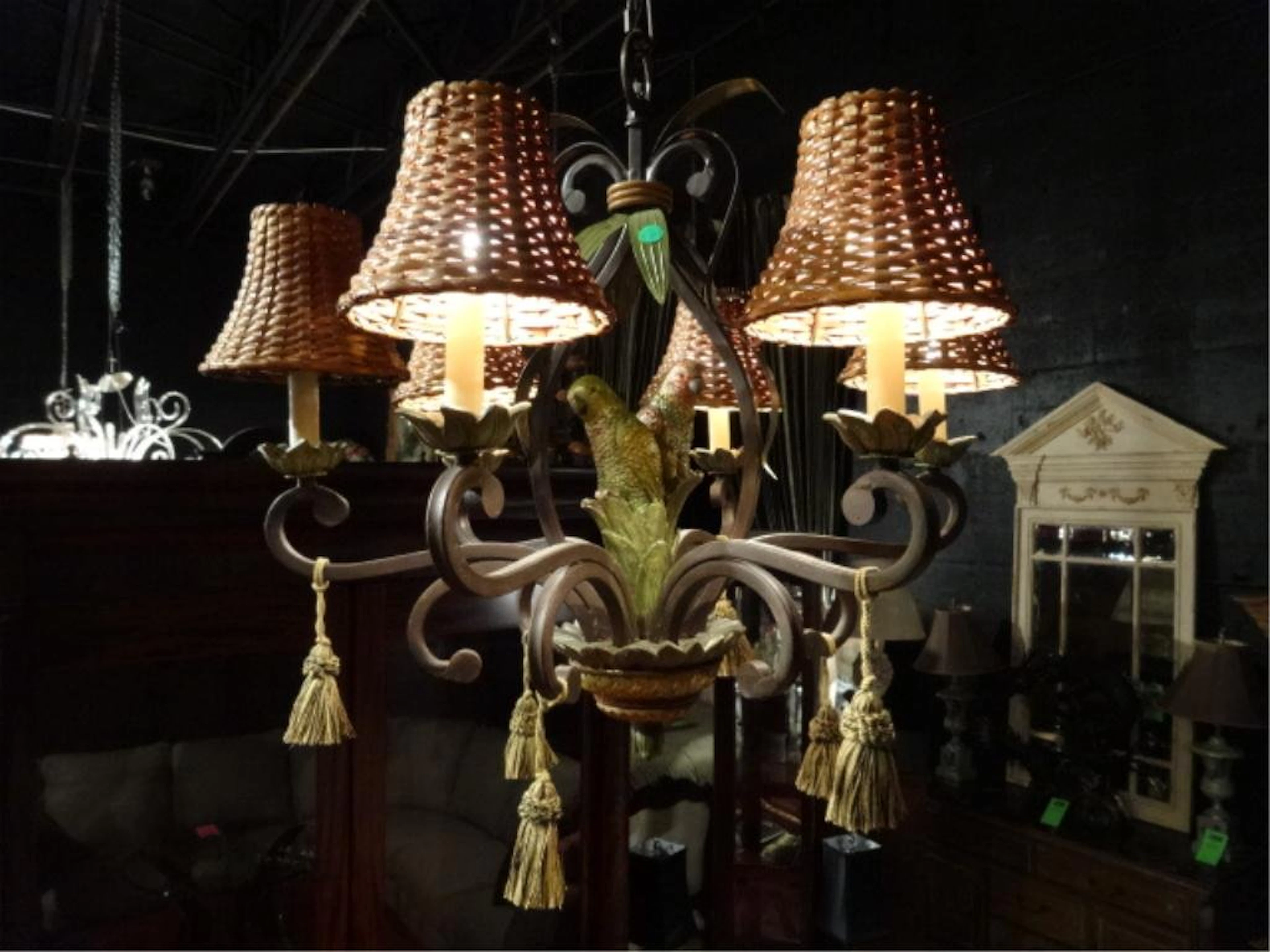 TROPICAL STYLE CHANDELIER WITH PARROTS, RATTAN SHADES