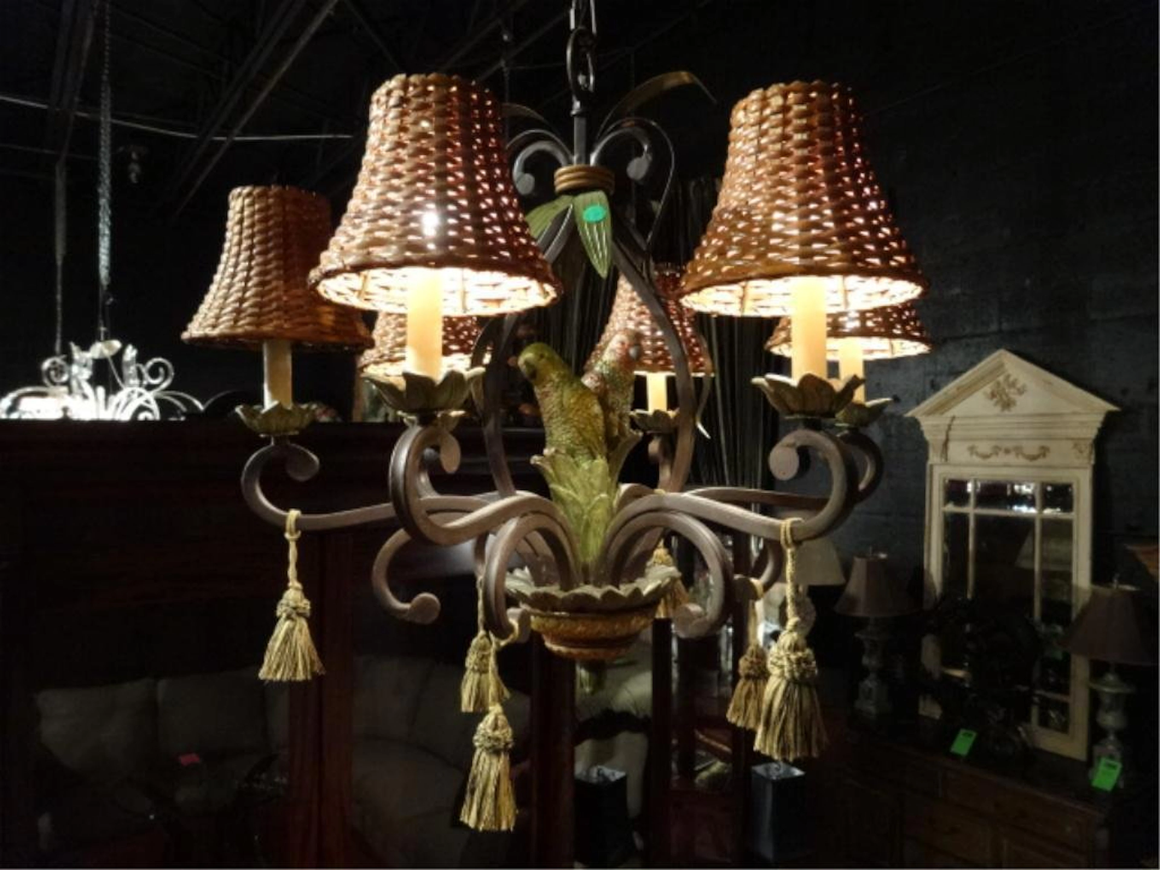 TROPICAL STYLE CHANDELIER WITH PARROTS, RATTAN SHADES