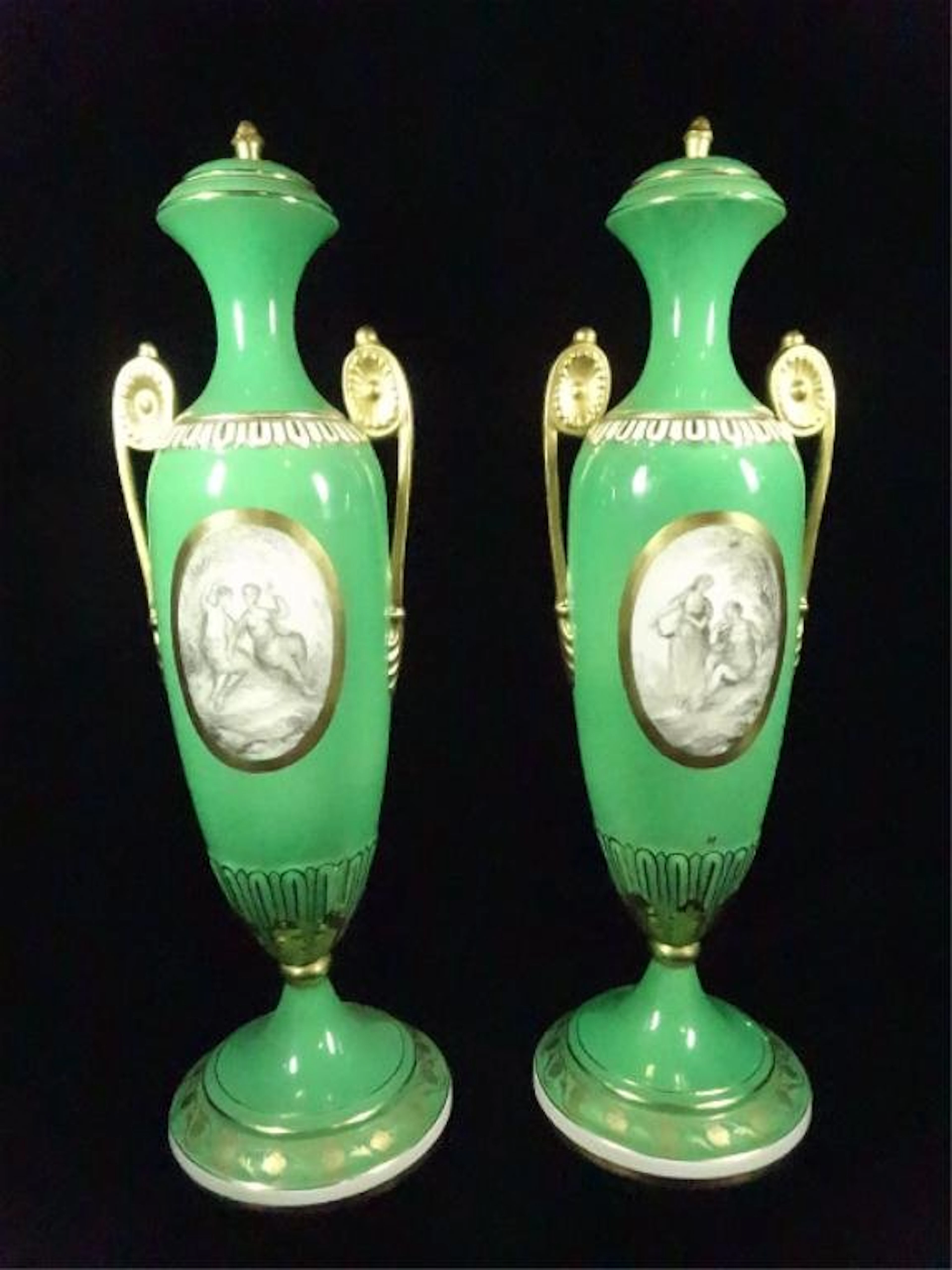 PAIR ANTIQUE DRESDEN PORCELAIN URNS, GREEN AND WHITE