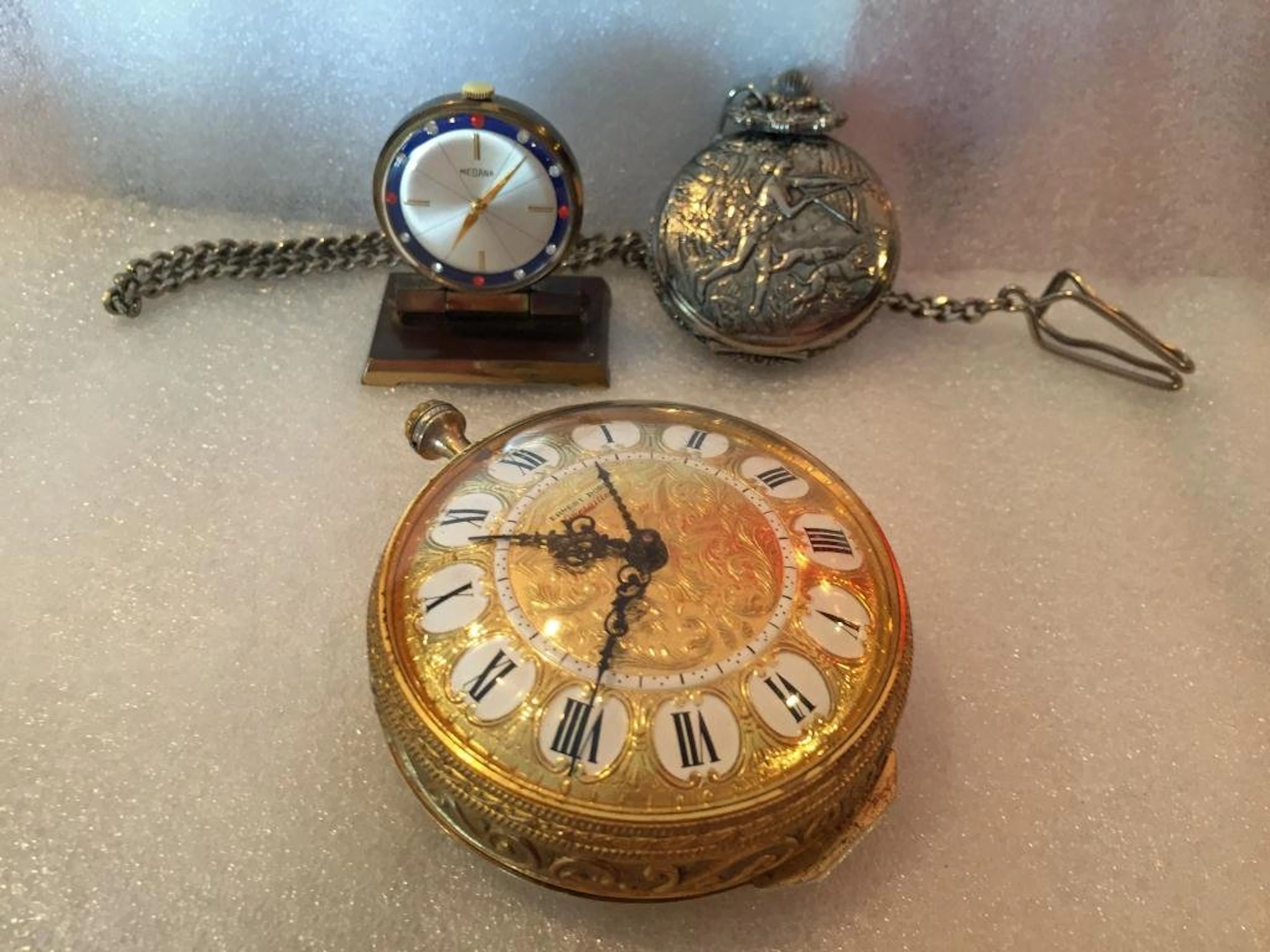3 PC GROUP, ERNEST BOREL & MEDANA CLOCKS, & POCKET WATC