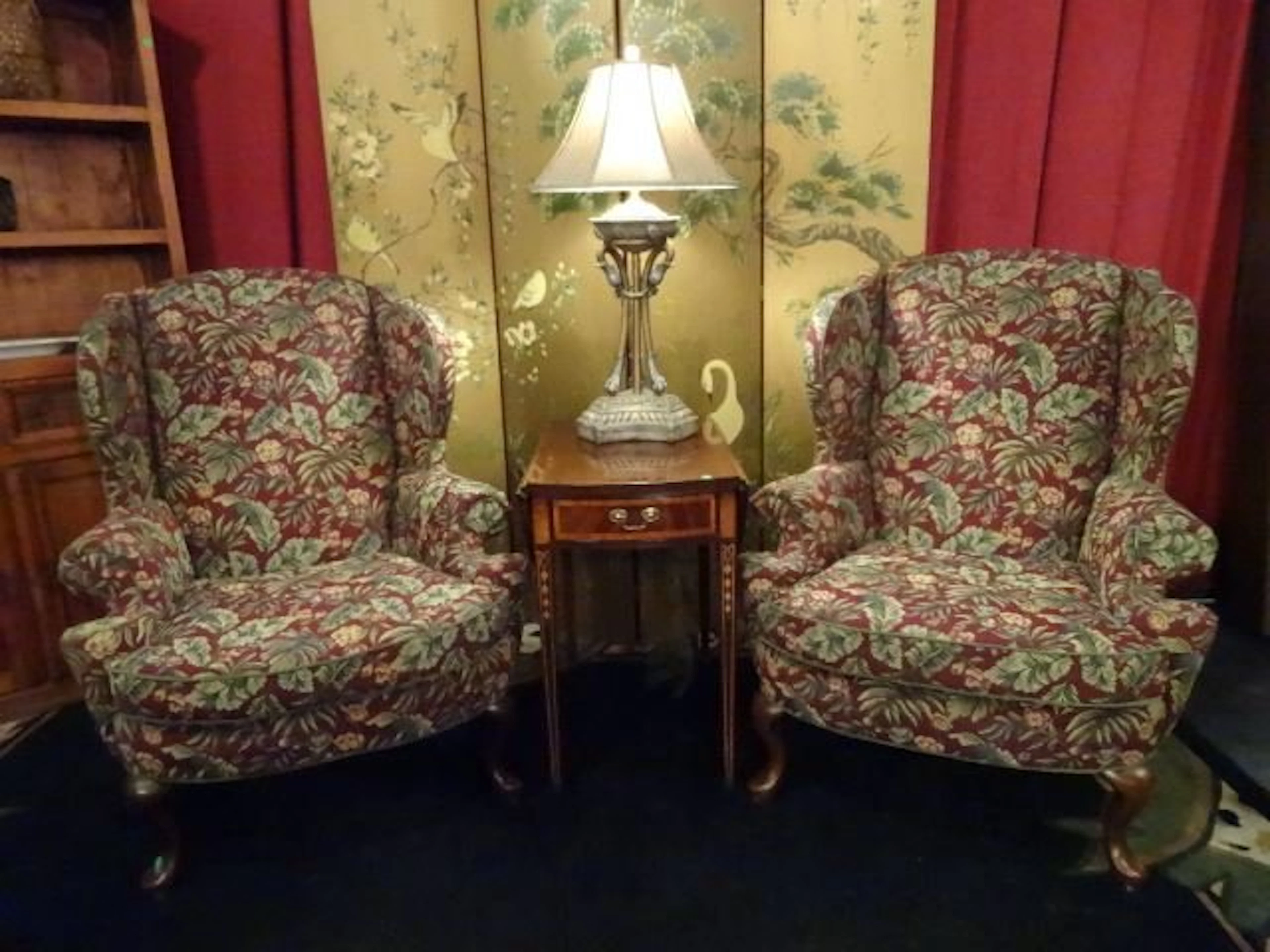 PAIR NORWALK FURNITURE WING CHAIRS, RED WITH TROPICAL