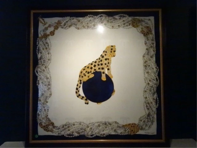 AUTHENTIC MUST DE CARTIER PARIS FRAMED SILK SCARF, GOLD