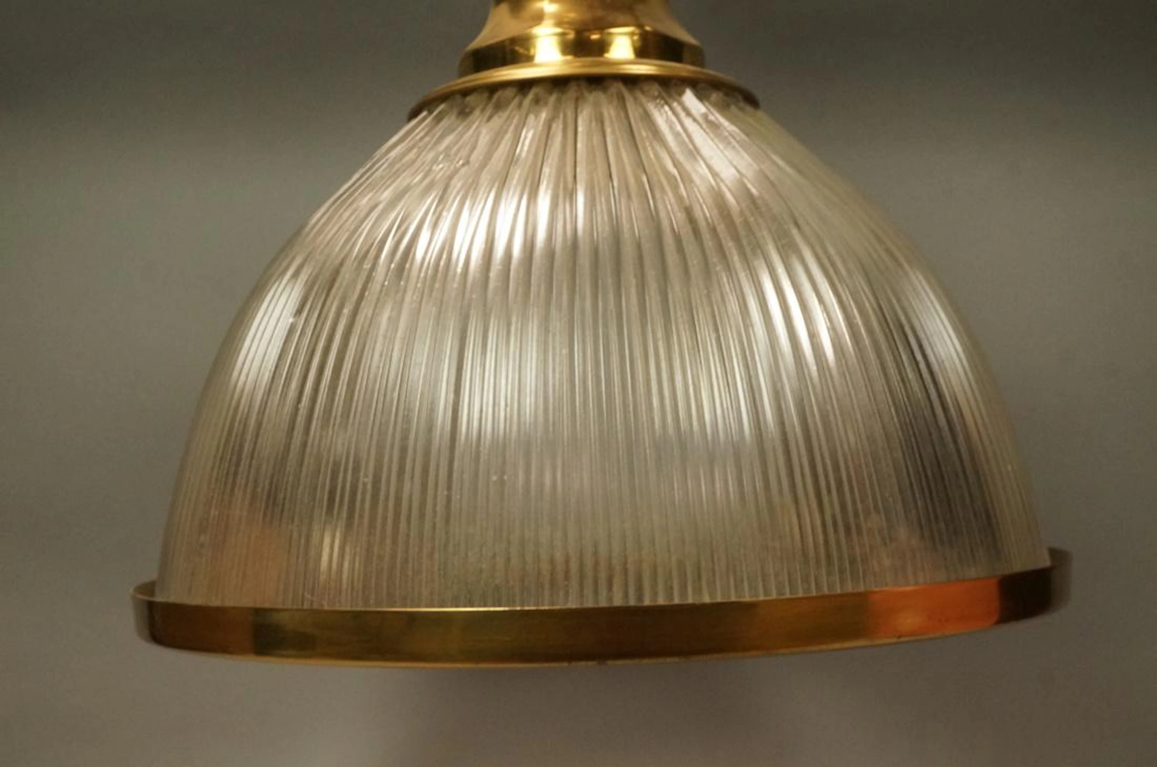 Industrial Heavy Ribbed Glass & Brass Chandelier.
