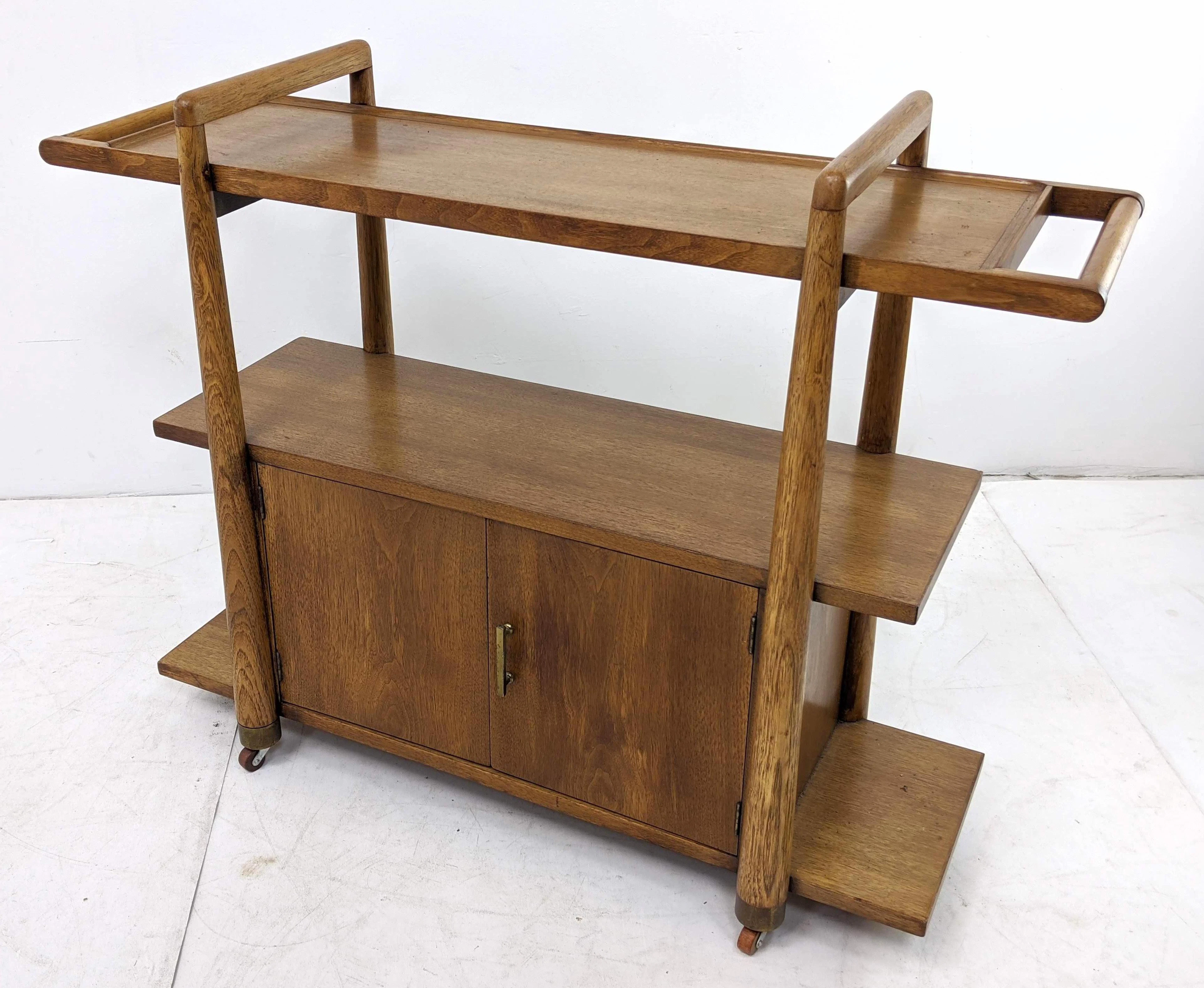 TH Robsjohn Gibbings Style Wooden Rolling Bar Cart Cabi