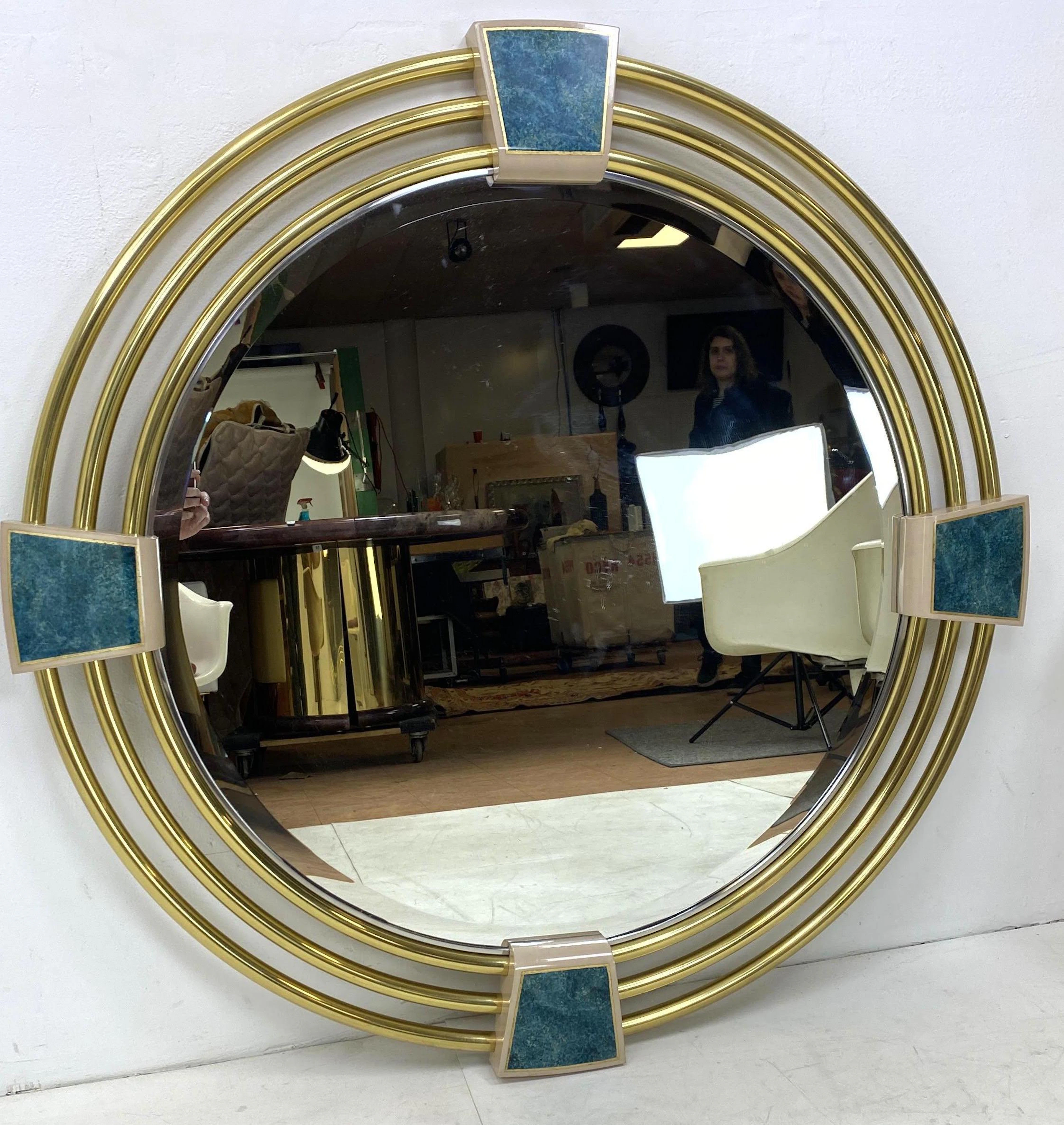 Lg Turquoise Marble Brass Decorator Wall Mirror. 'Dela
