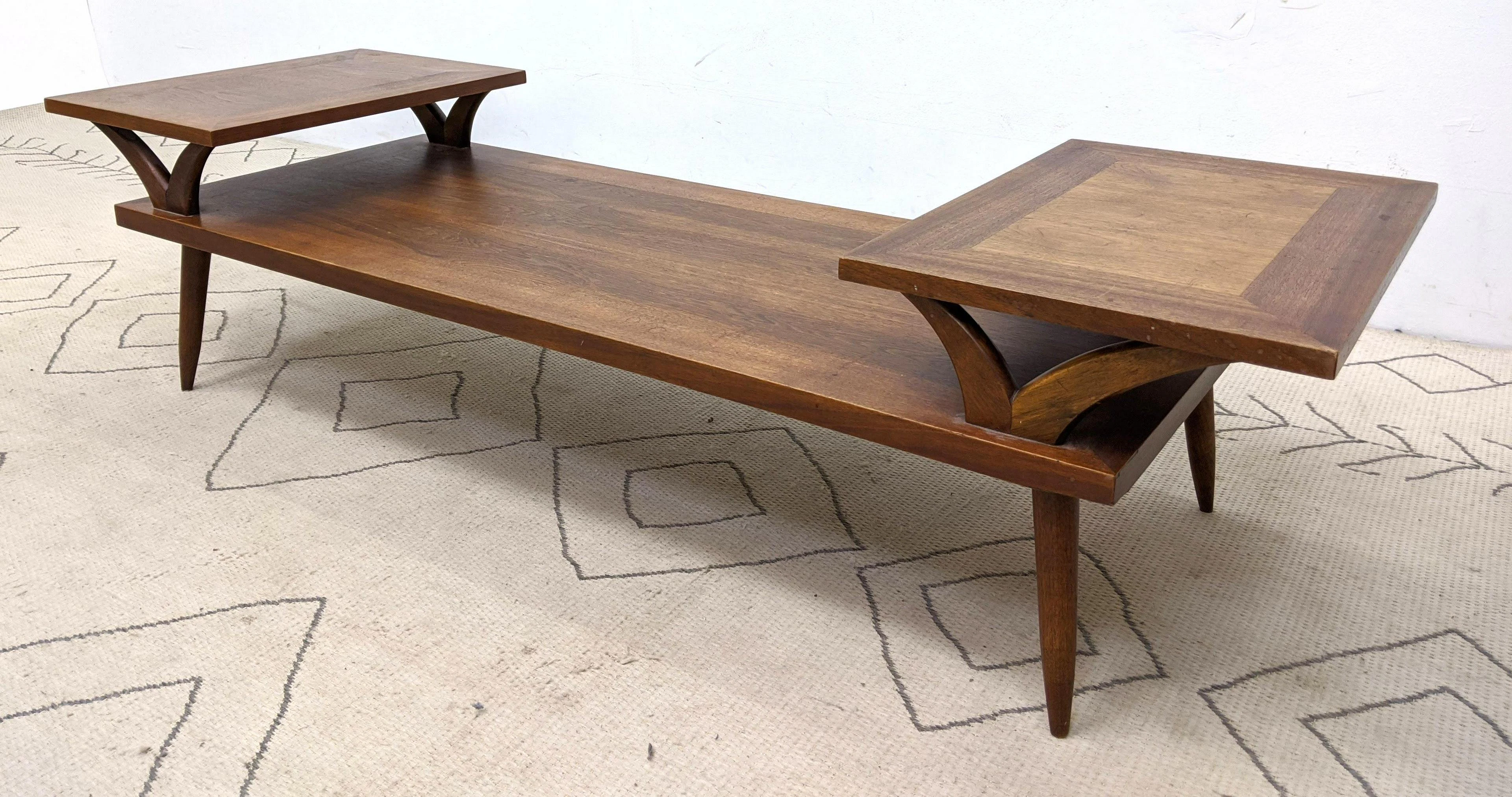 Mid Century Modern Walnut Tiered Coffee Table. Two Rais