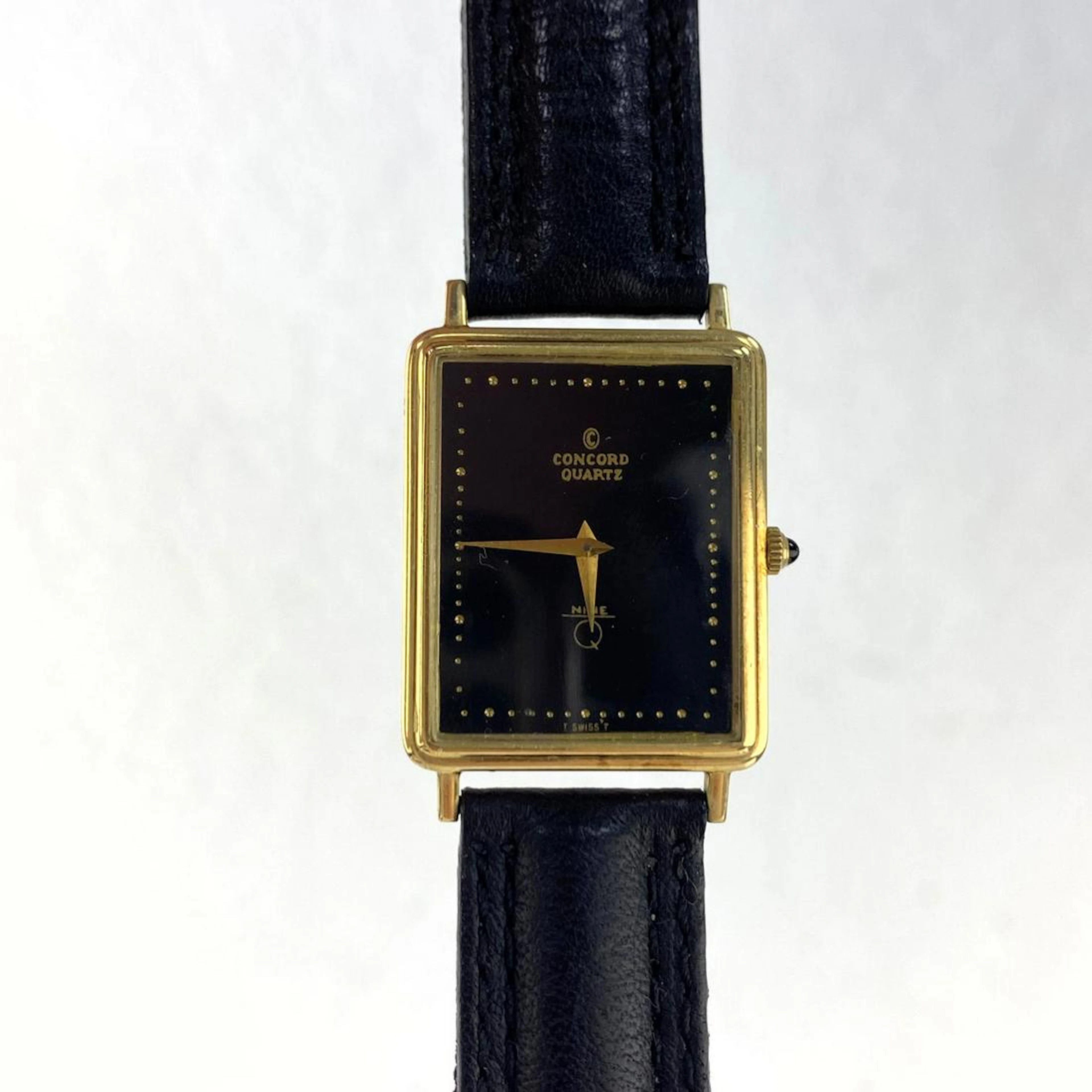 CONCORD 14K Gold Wrist Watch. Tank style. Leather band.