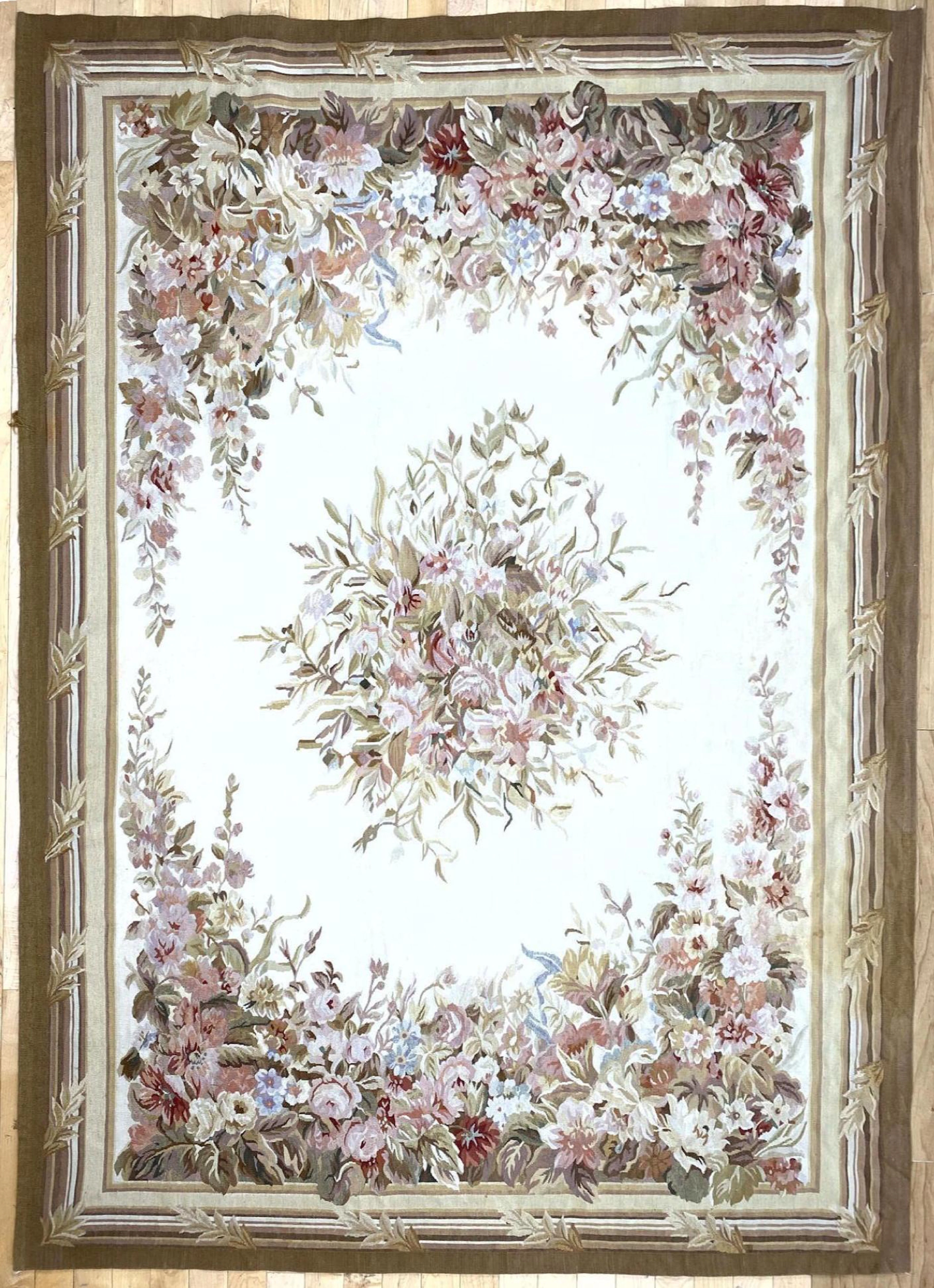 AUBUSSON style French Woven Rug. Cream