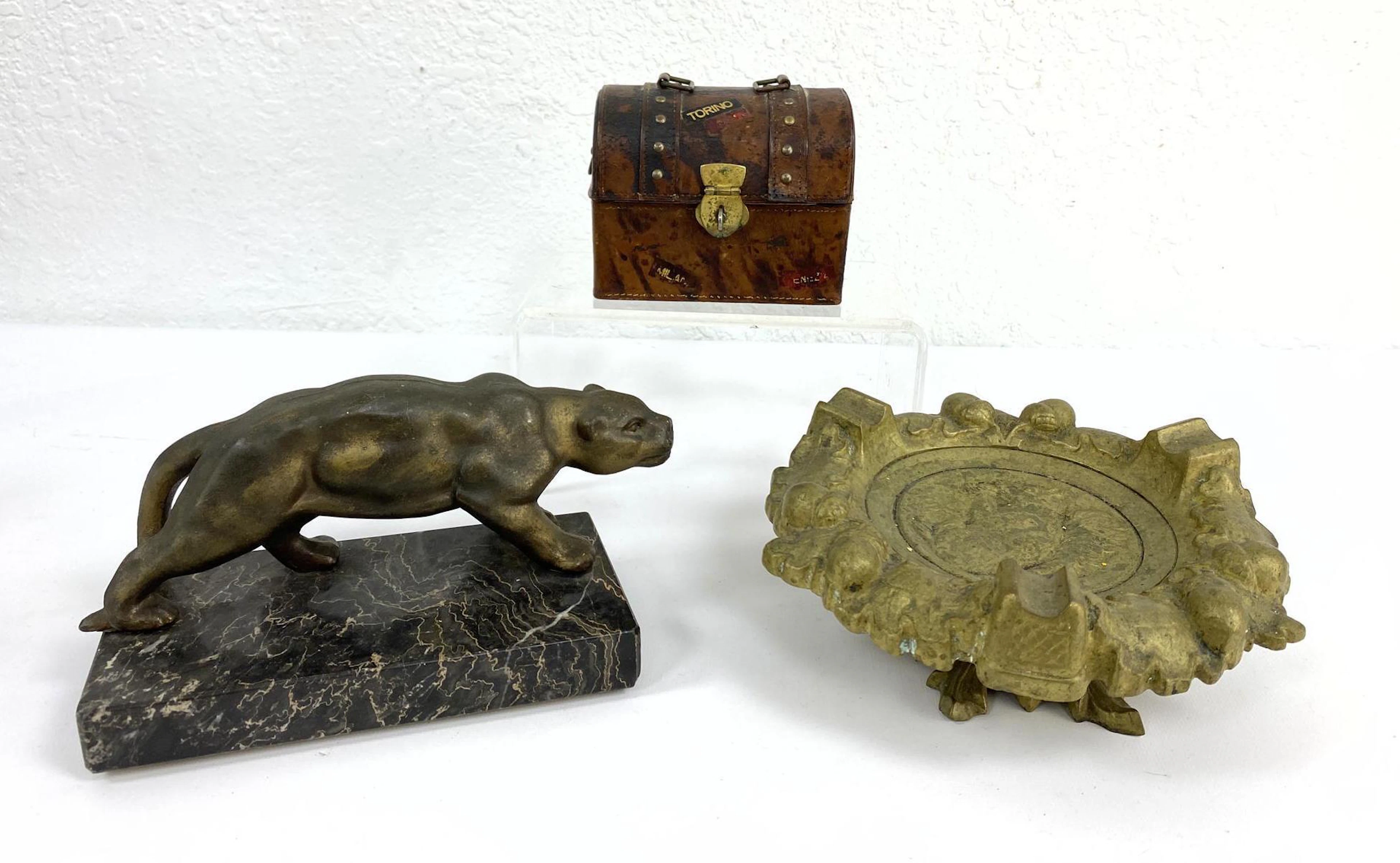 3pcs Lot. 1) Miniature Italian Leather desk trunk 2) Me