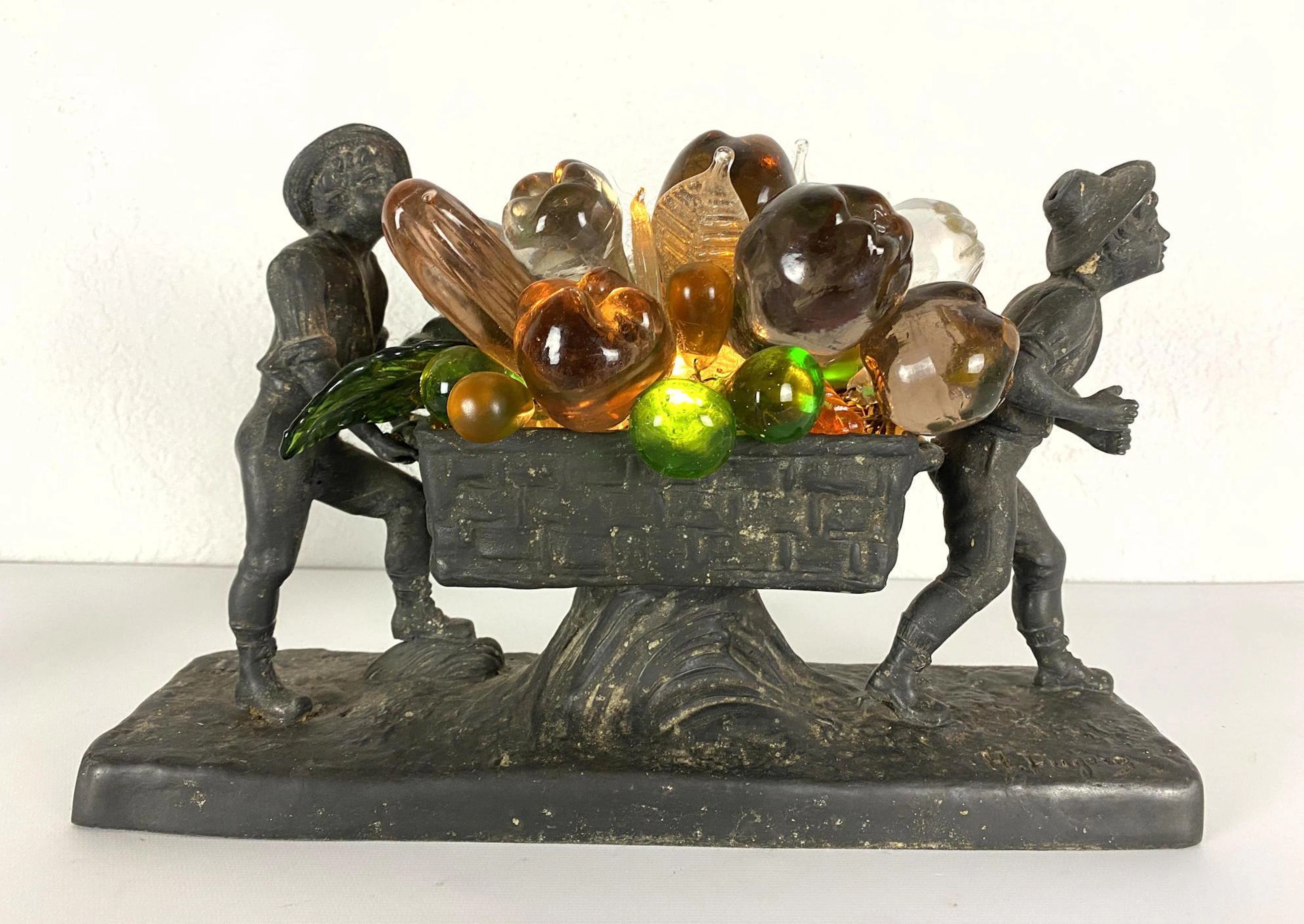 Vintage Henri Fugere Glass Fruit Basket Lamp with Figur