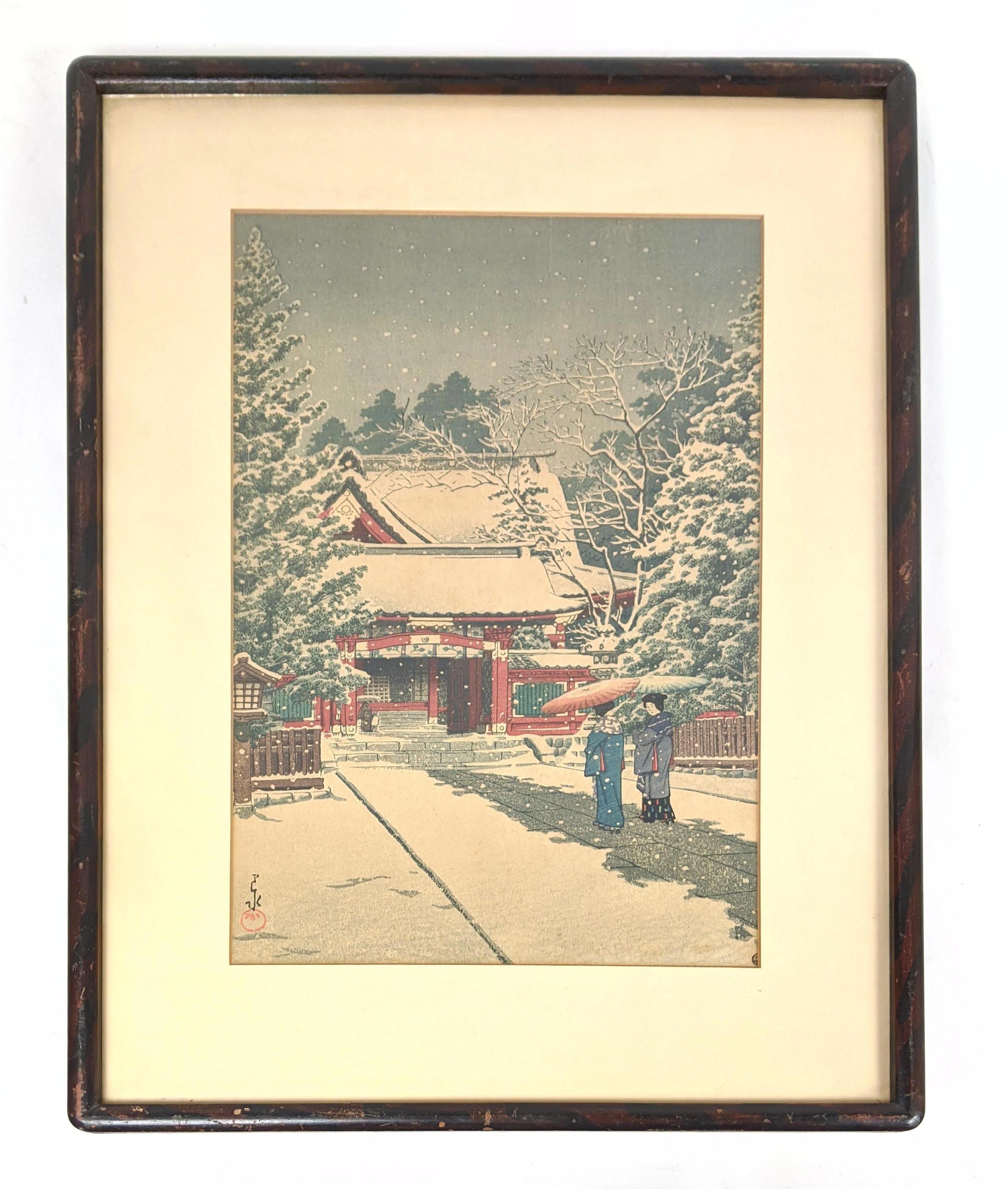 KAWASE HASUI Asian Wood Block Print of Geisha in Snow