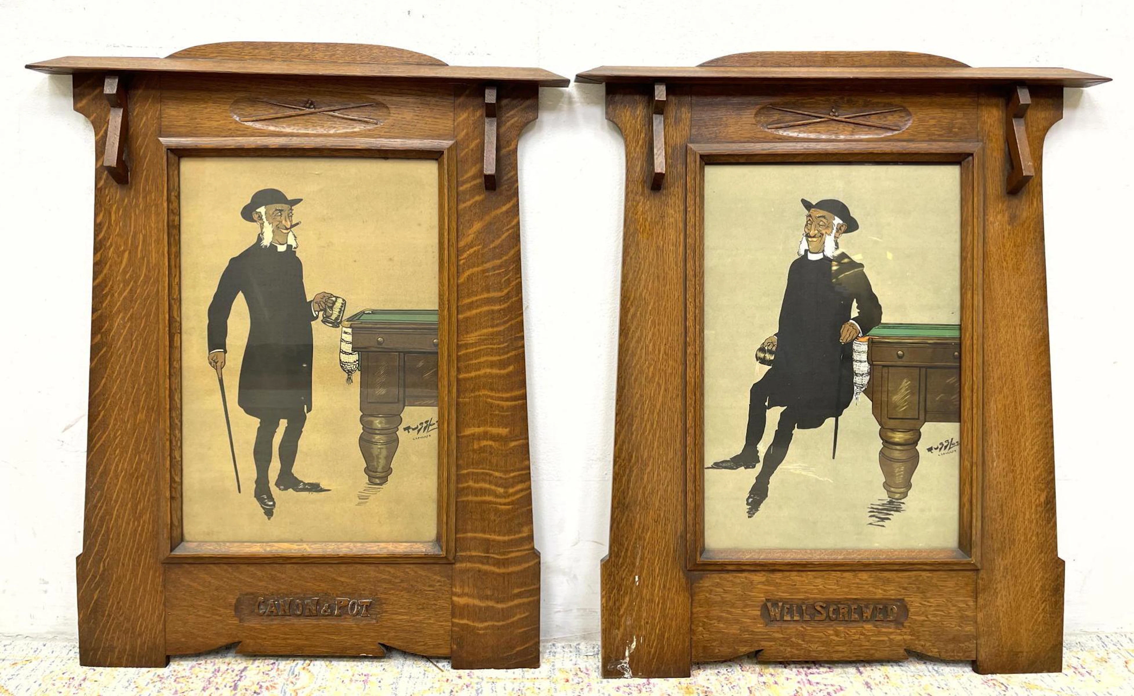 Pair Billiard Prints in Oak Arts and Crafts Frames. Vi