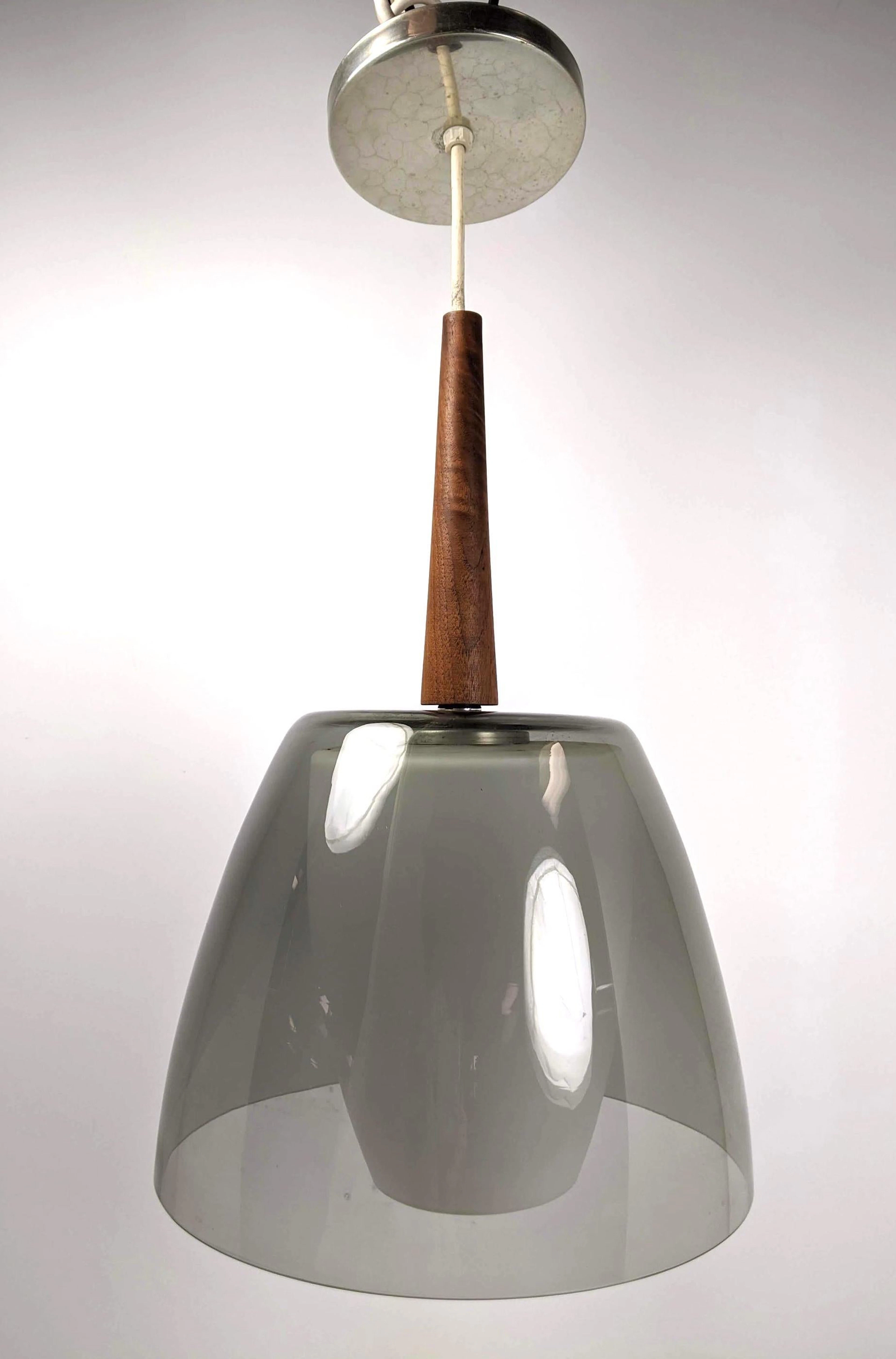 Scandinavian Glass and walnut Pendant Chandelier Lamp.