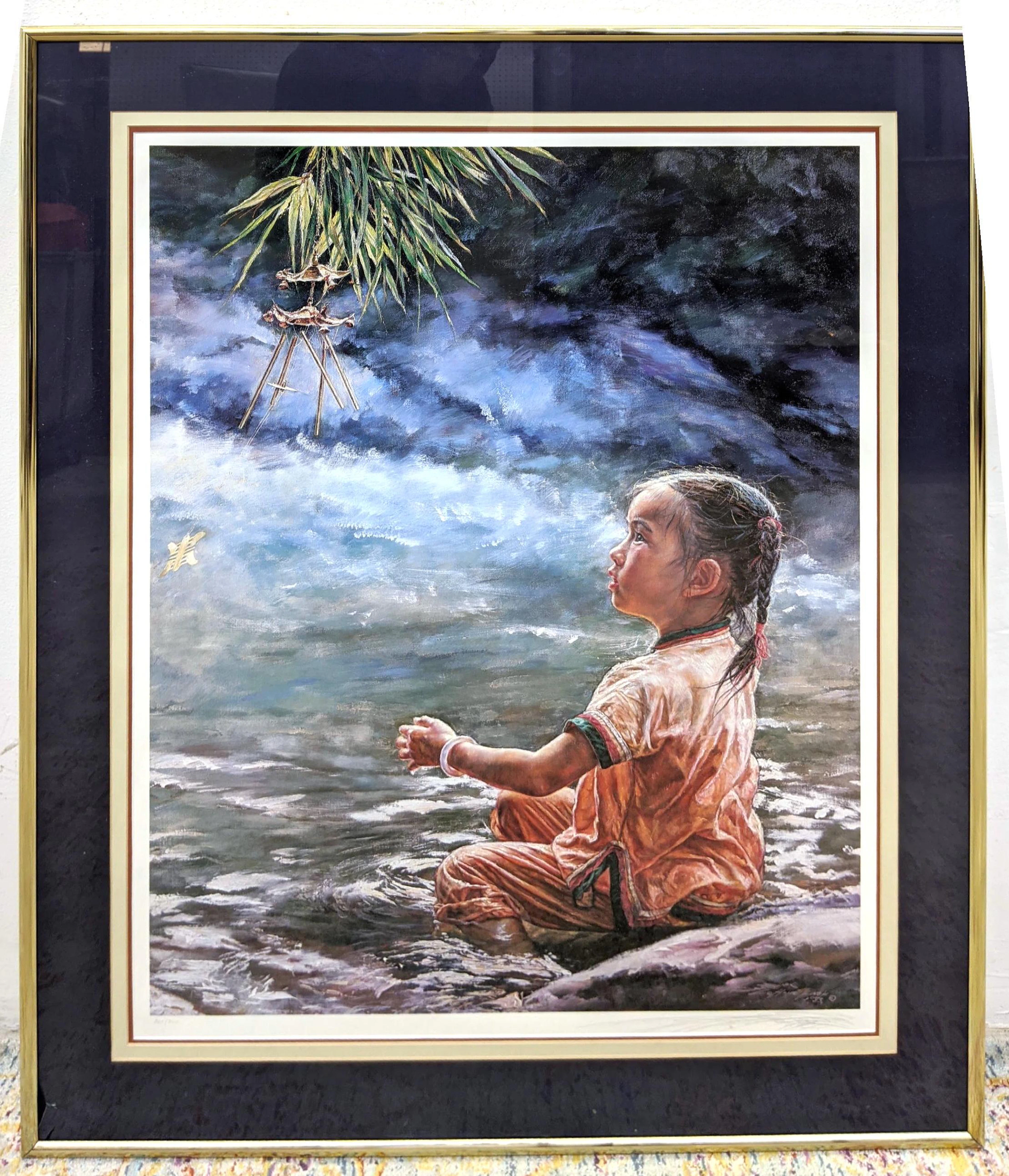 Signed representational print of young Asian girl in wa
