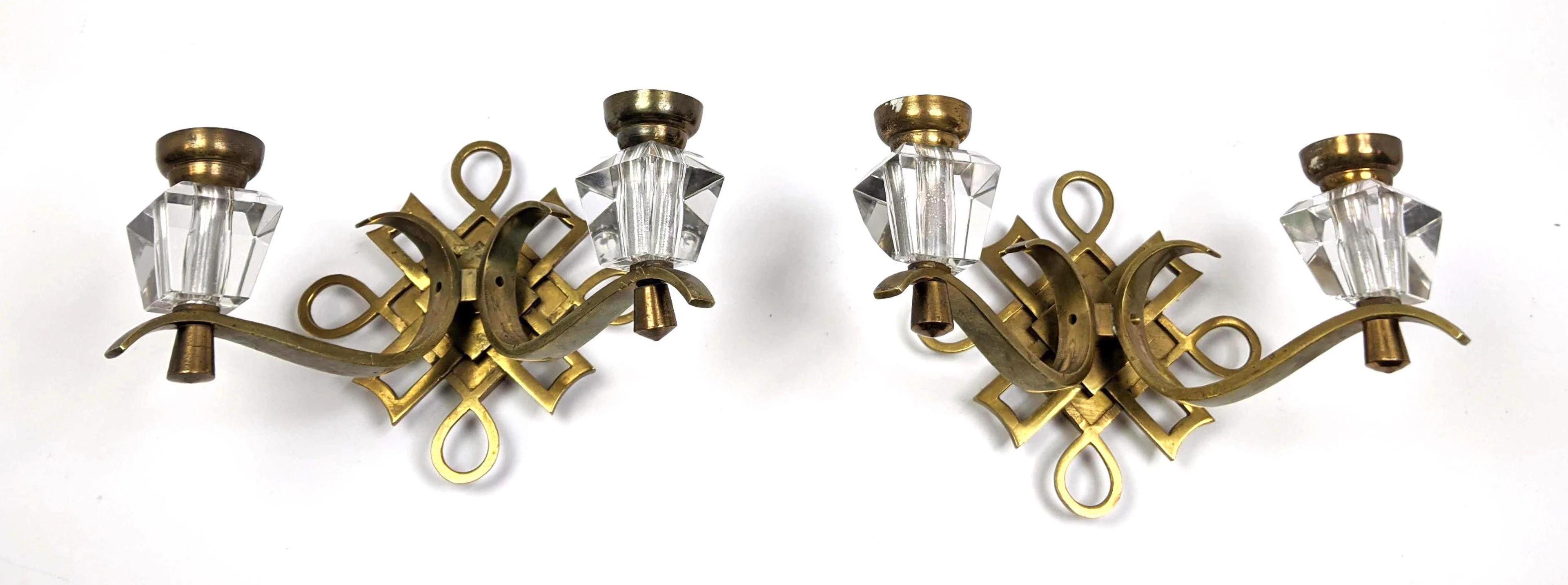 Pr Brass Crystal RAYMOND SUBES style Sconces. Two Brass