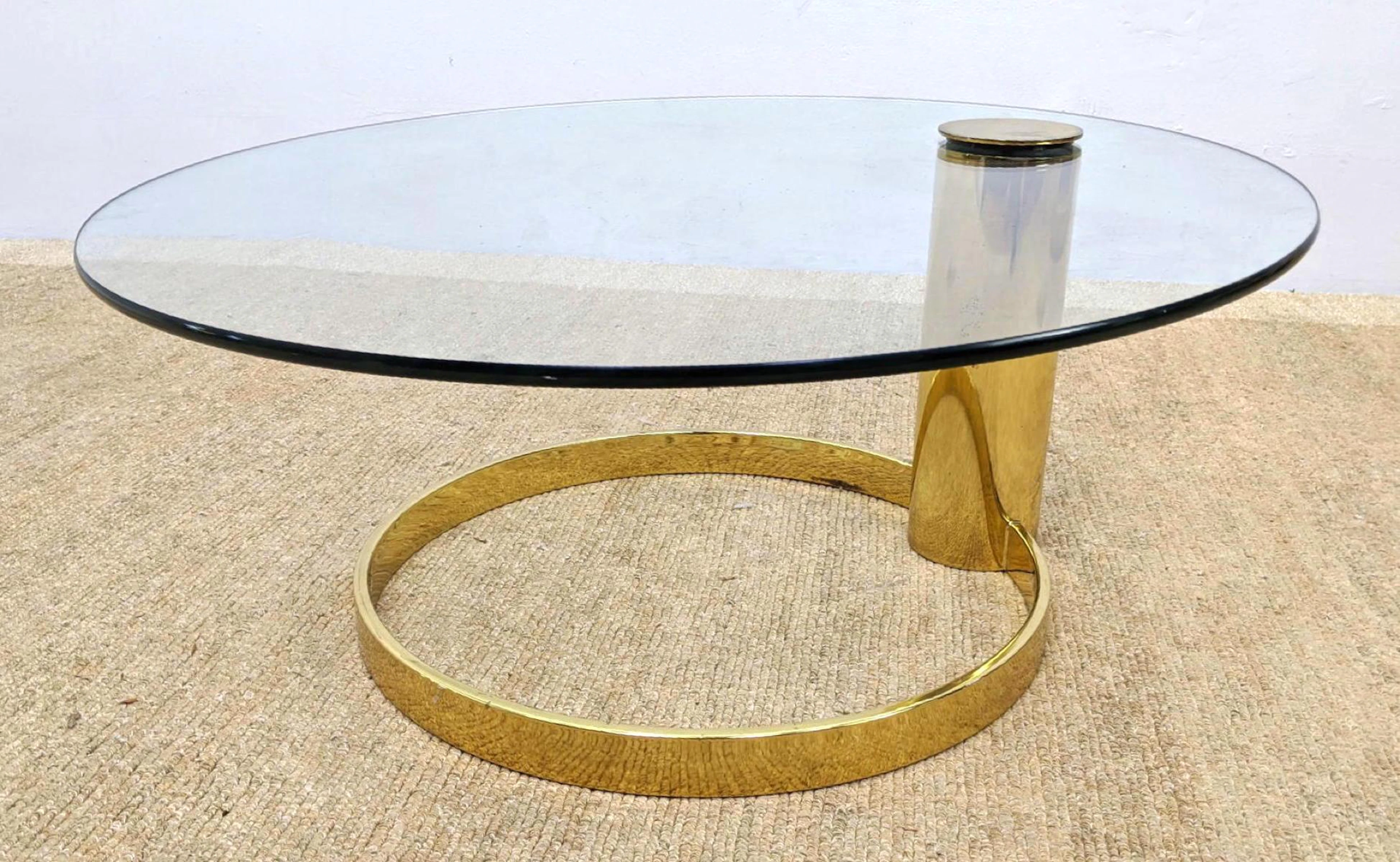 Brass Tone Cantilever Glass Top Coffee Cocktail table.