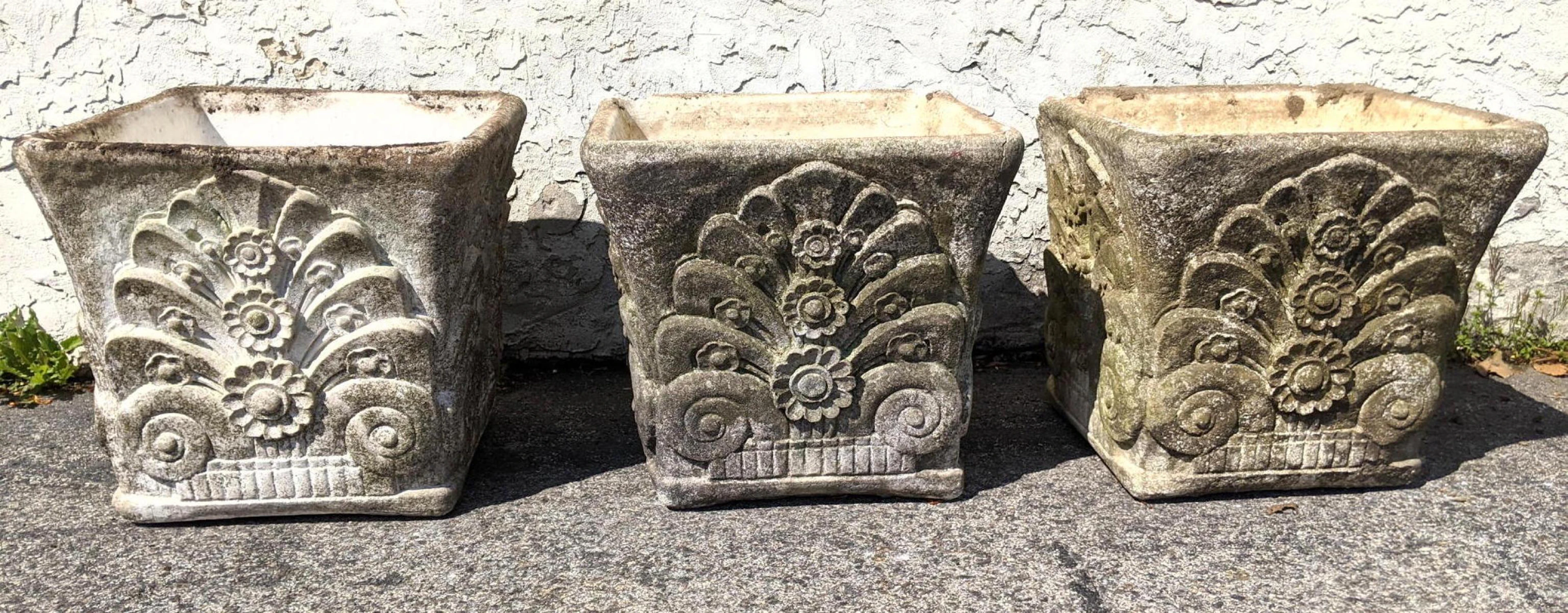Grouping of 3 Cast Concrete Art Deco Planters. Art Deco