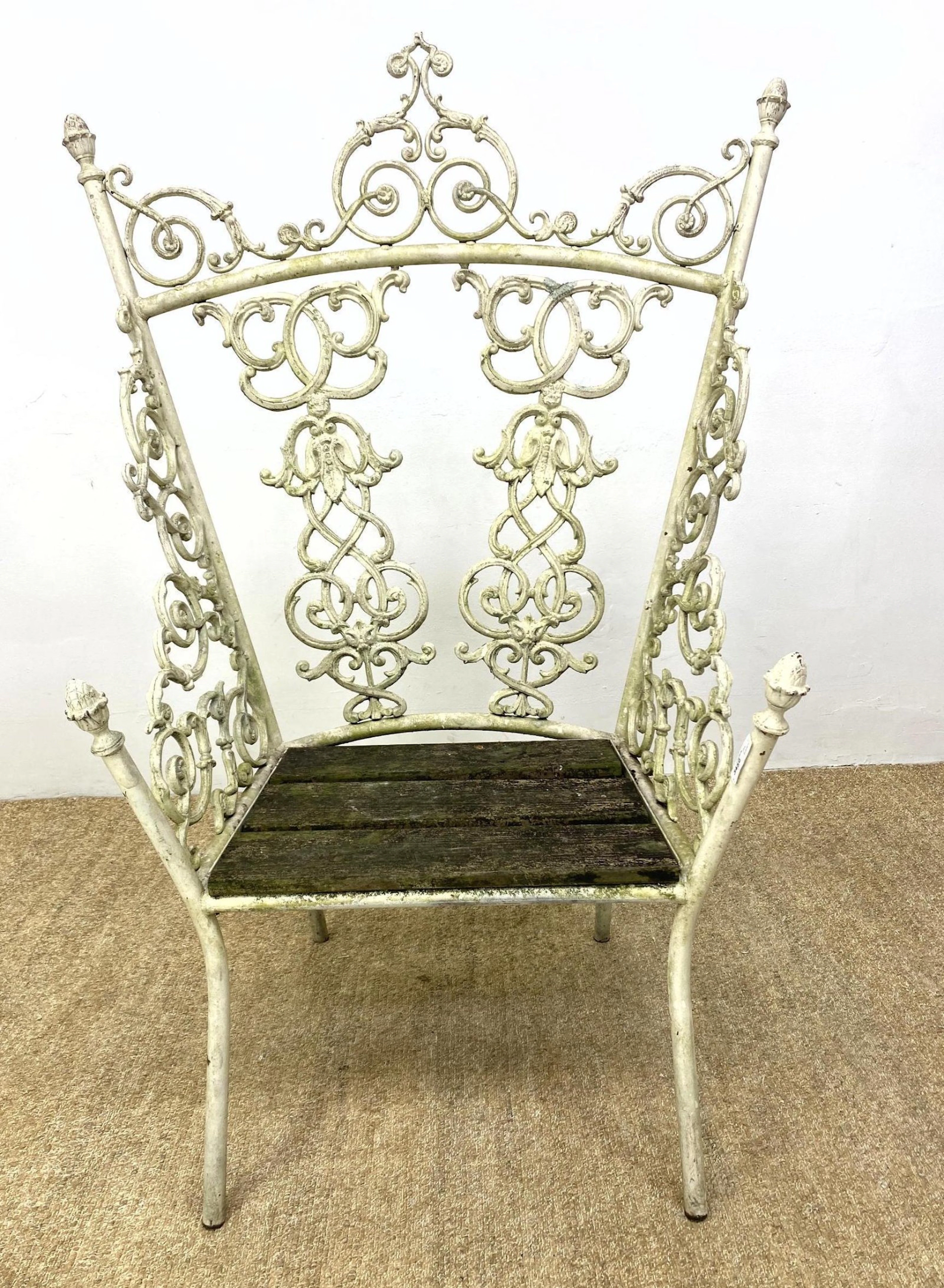 Fancy Ornate Iron Throne Chair. Painted. Wood slats se