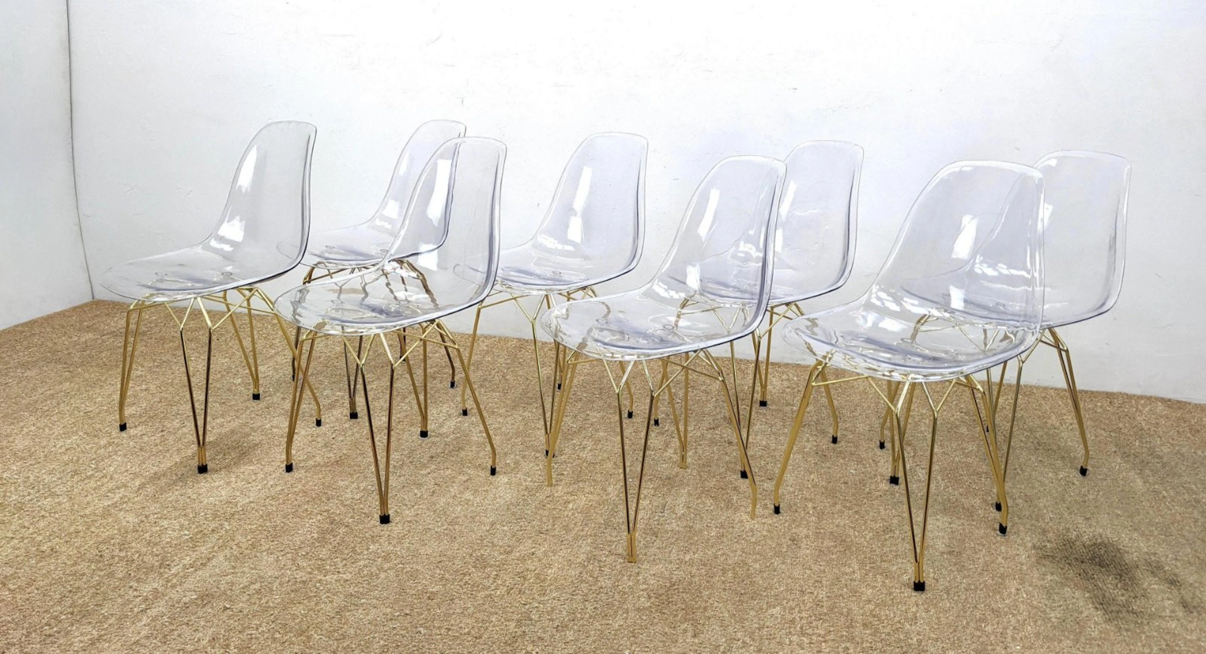 Set 8 Molded Acrylic Shell Dining Side Chairs. Gold to