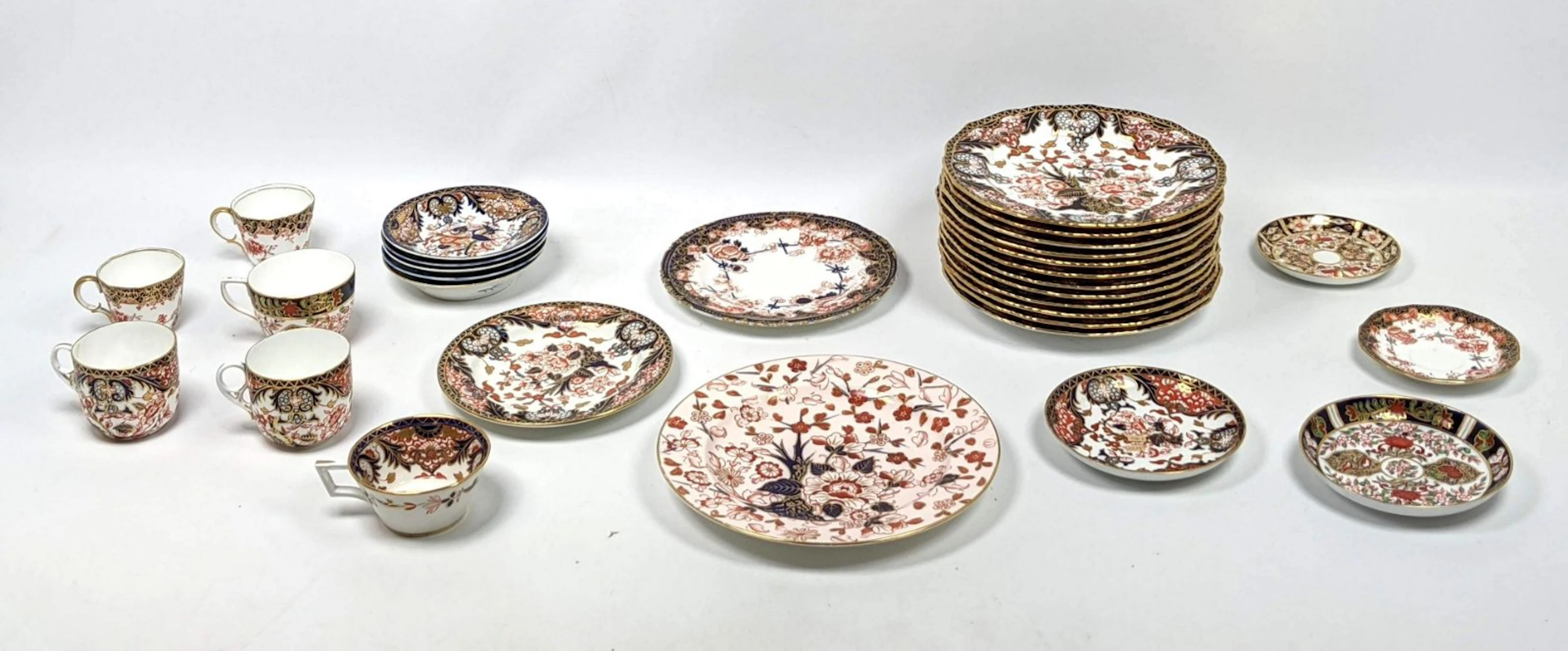 Lot English Bone china. Imari style. Mostly Royal Crow