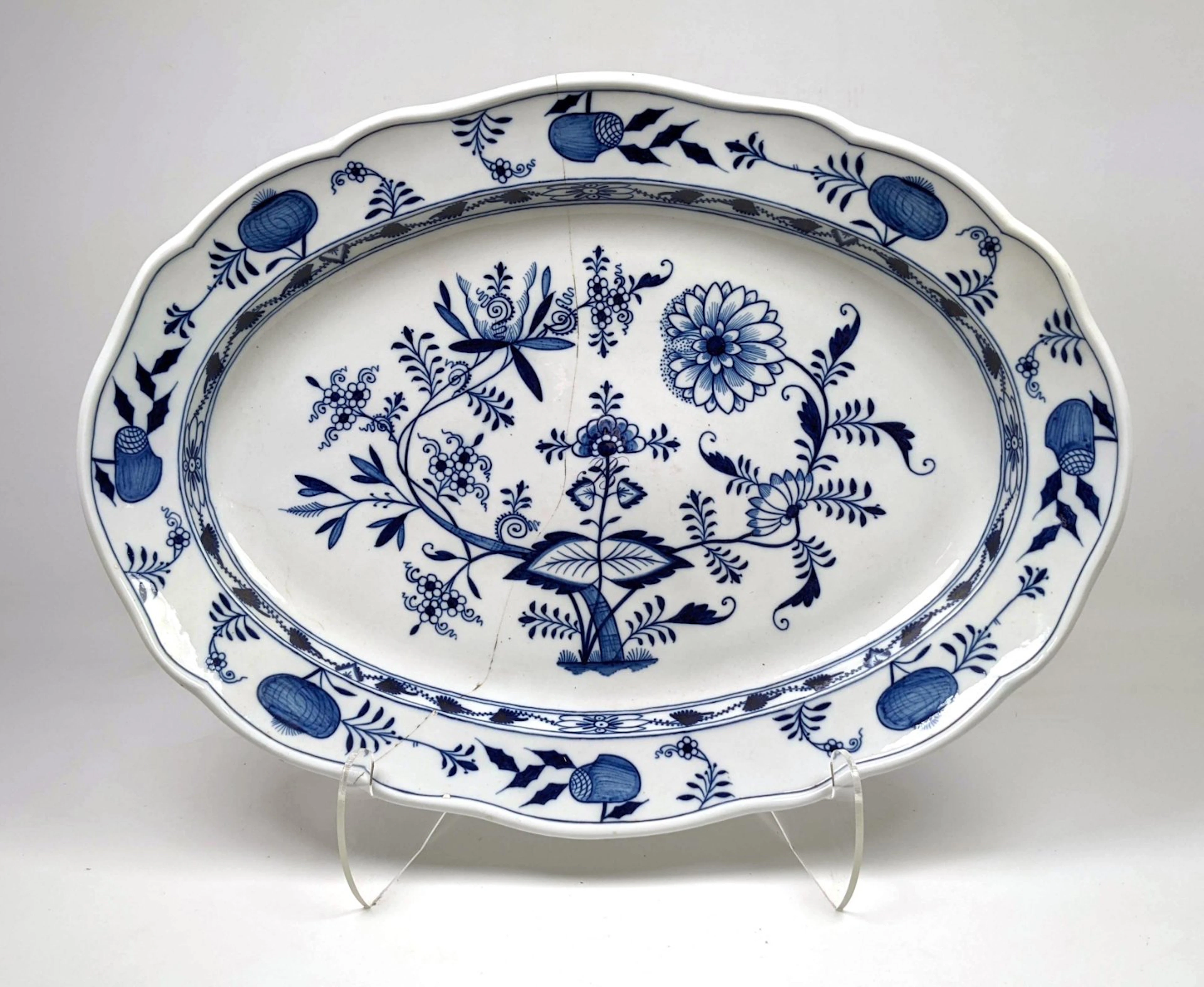 Large Meissen Blue Onion Platter. Early Repair.