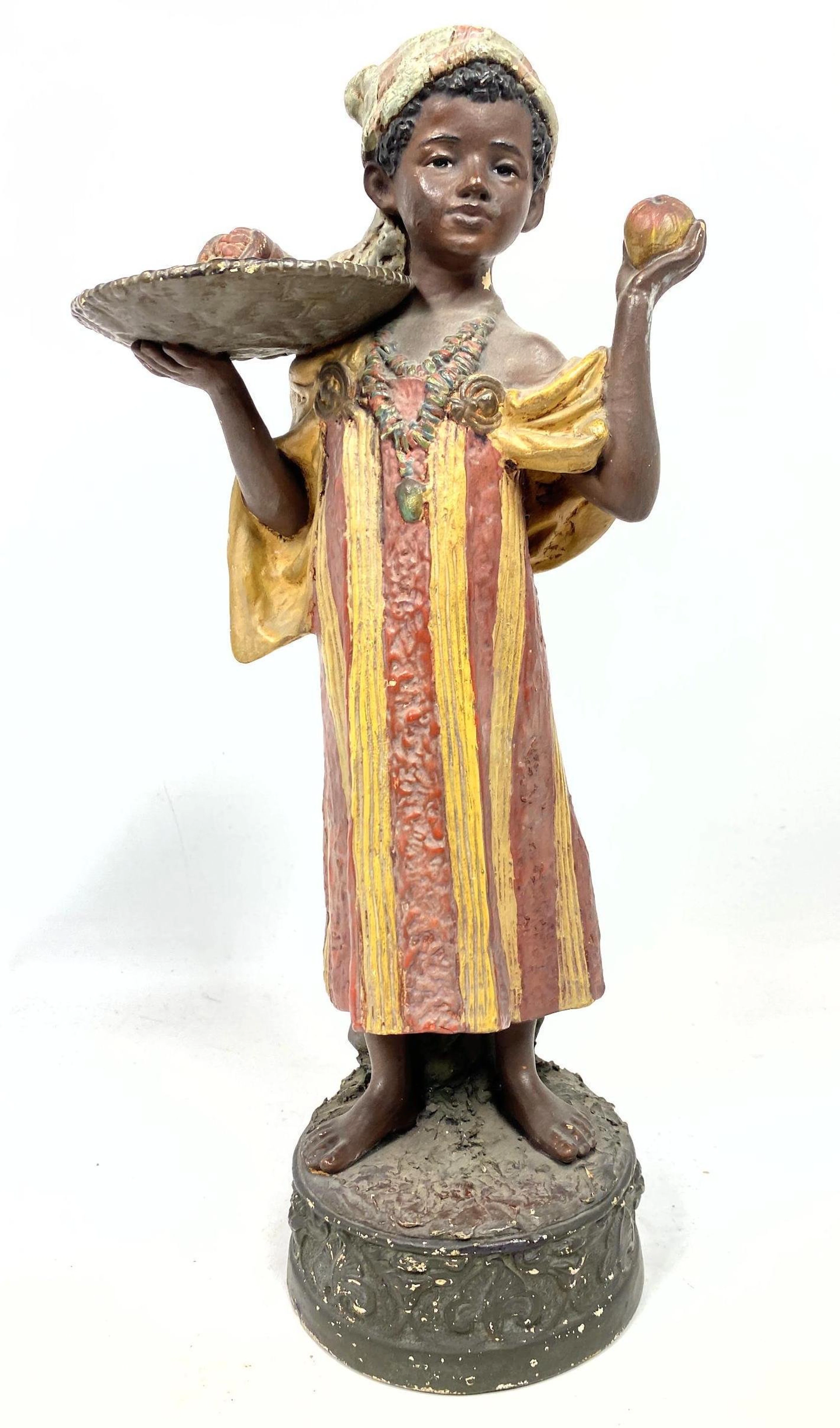 Antique Terra-cotta Figure Sculpture of boy fruit selle
