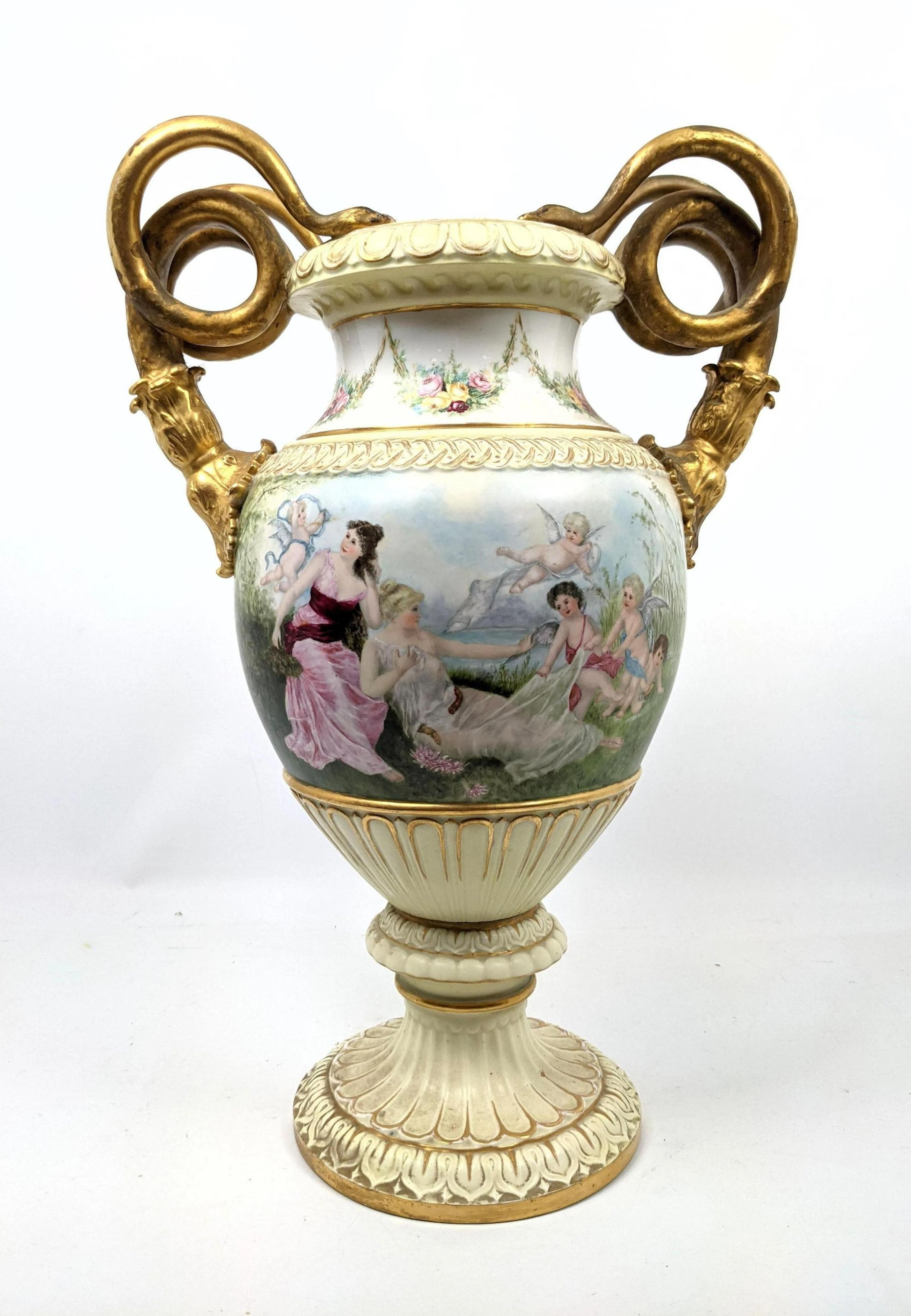 Meissen French Porcelain Snake Handled Vase Urn. Hand P