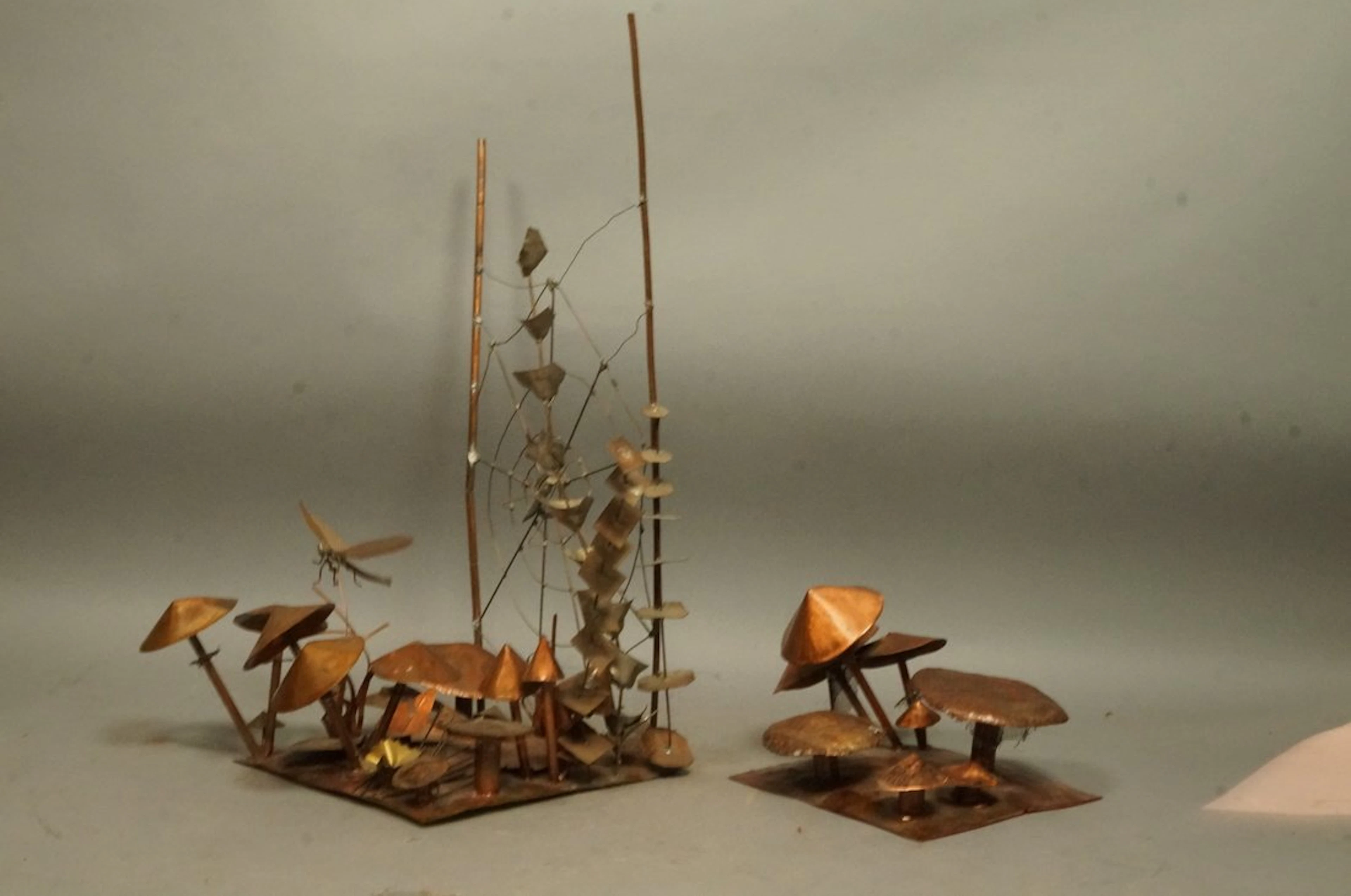 Two Copper Hand Wrought Figural Mushroom Sculptur